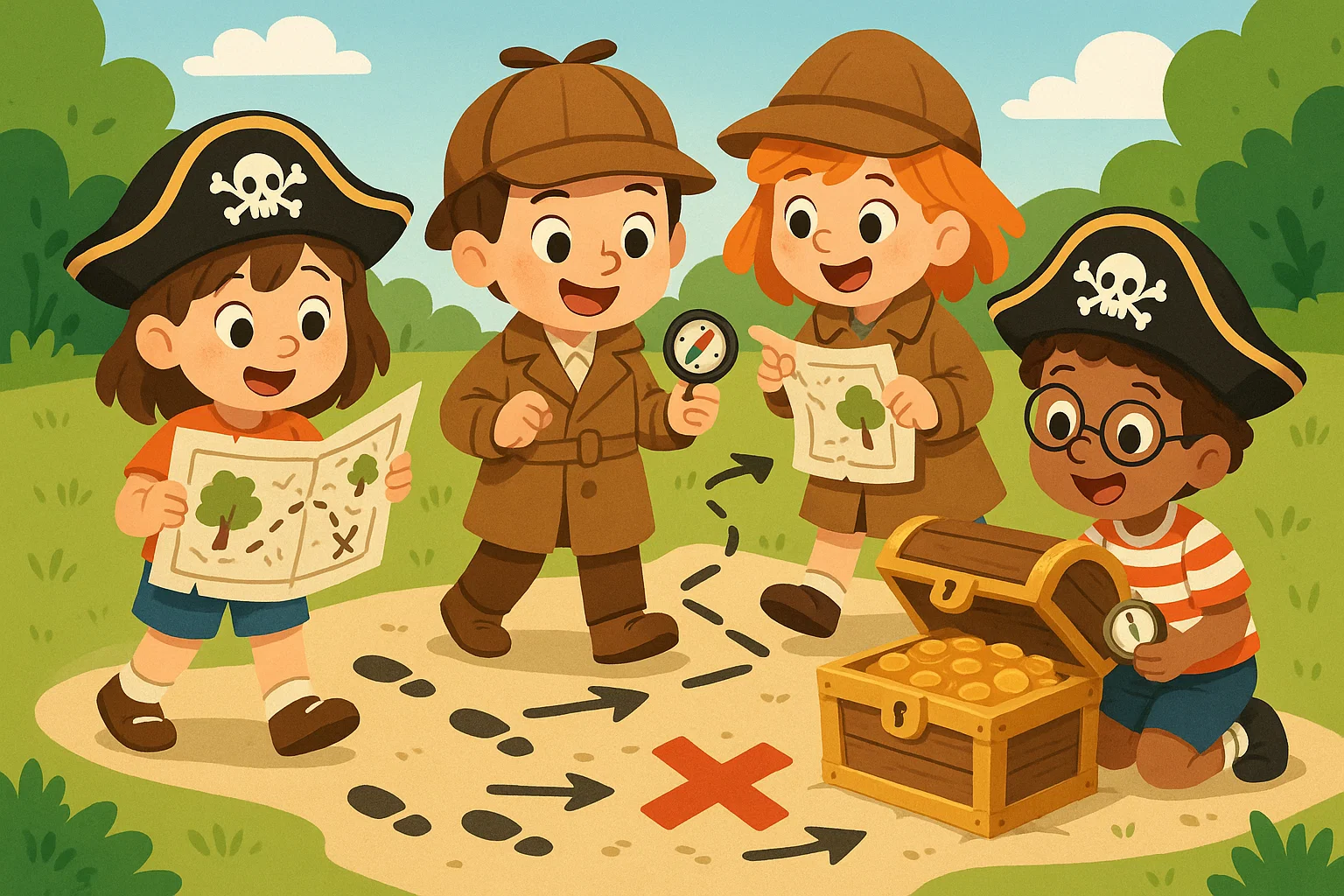 Treasure hunt mystery game for kids with maps, clues, and hidden chest. Treasure hunt mystery game for kids with maps, clues, and hidden chest.