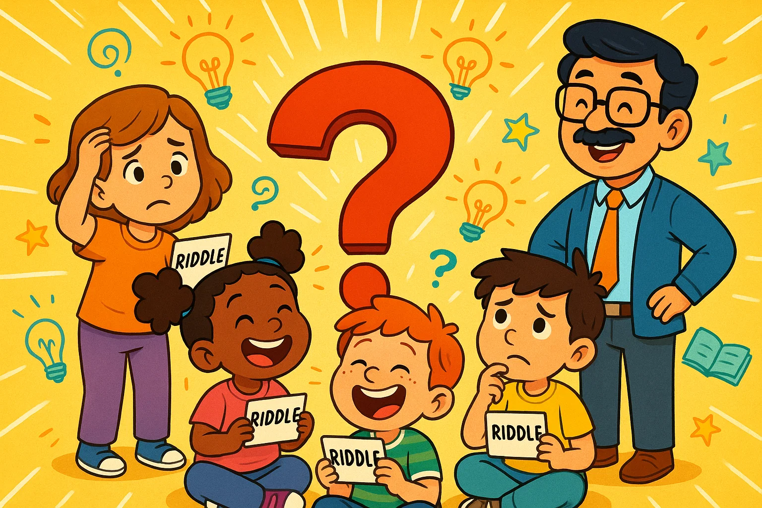 Children solving tricky questions and riddles with answers in a playful classroom. Children solving tricky questions and riddles with answers in a playful classroom.