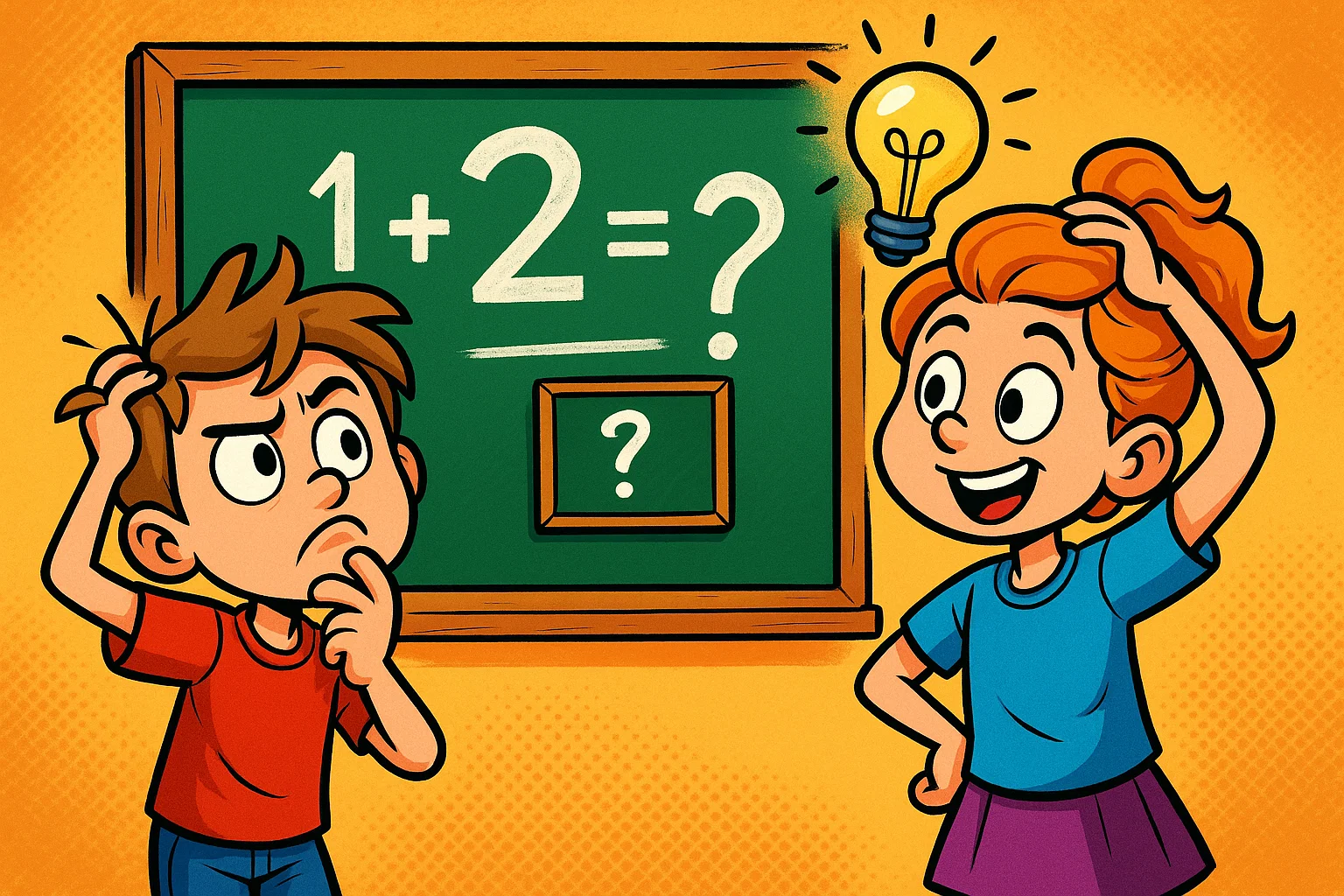 Cartoon kids solving tricky riddles for 8 year olds with question marks on board.