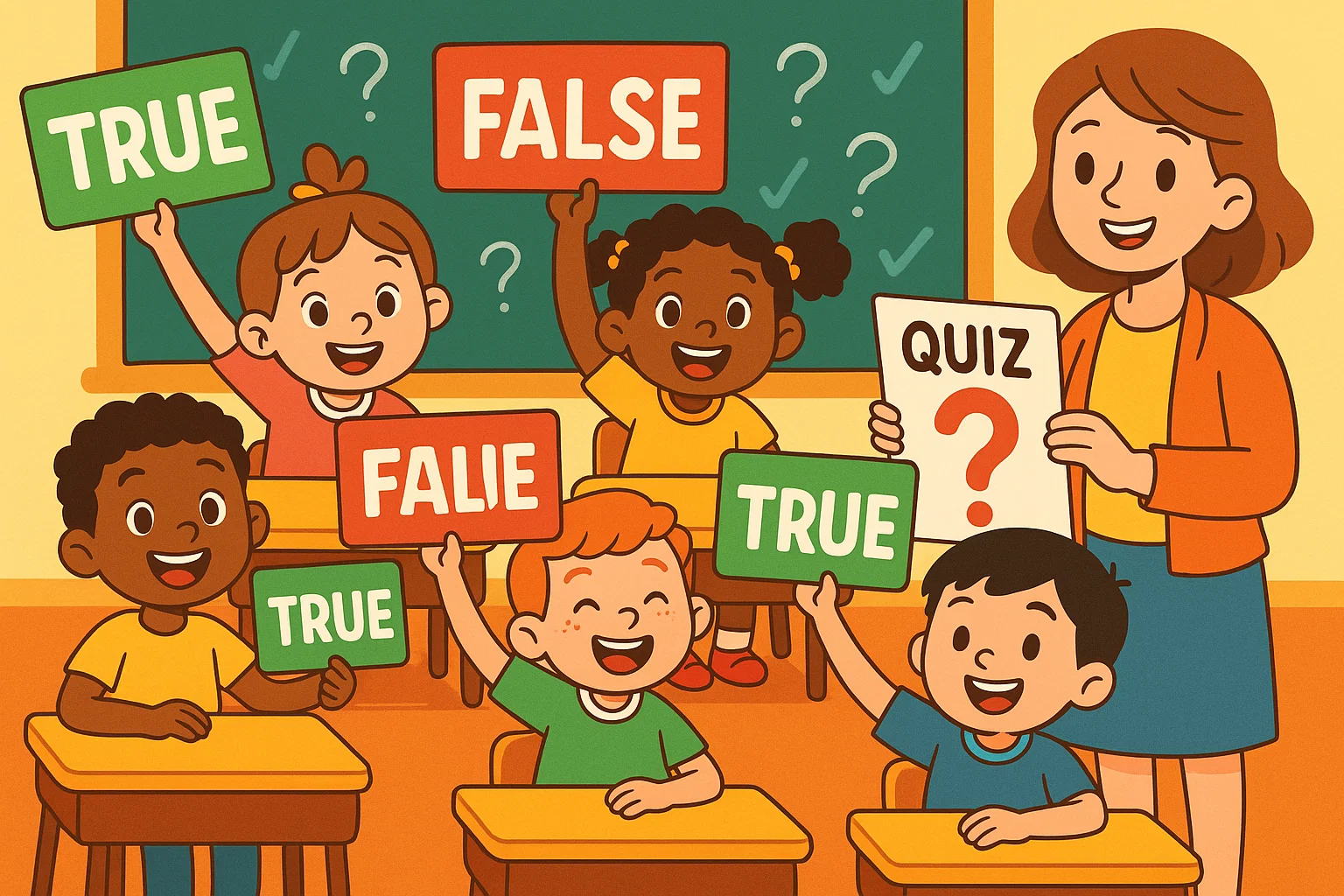 Kids answering true or false questions for kids in a classroom quiz game. Kids answering true or false questions for kids in a classroom quiz game.