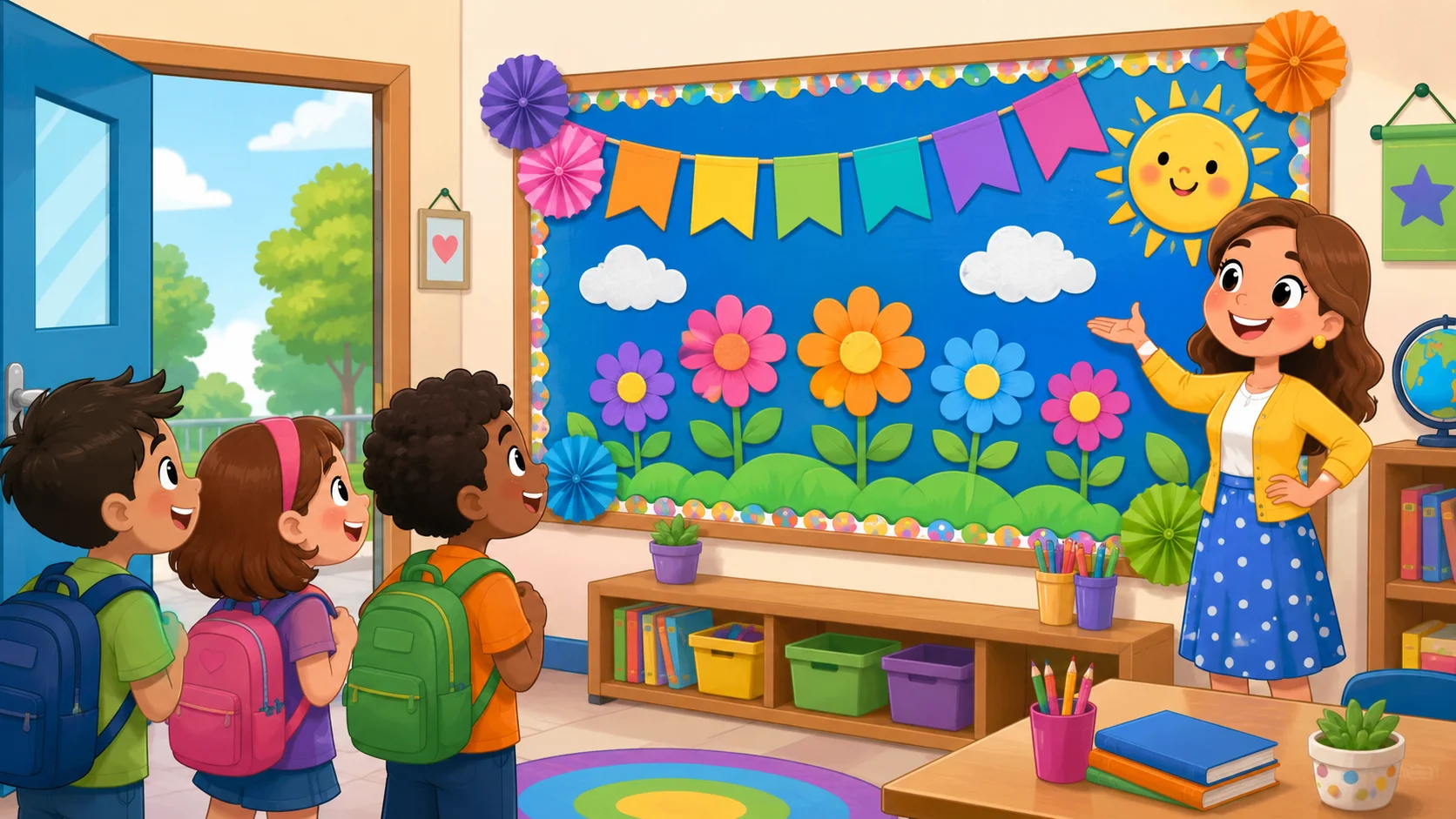 Unique bulletin board welcome classroom with teacher and smiling students. 
