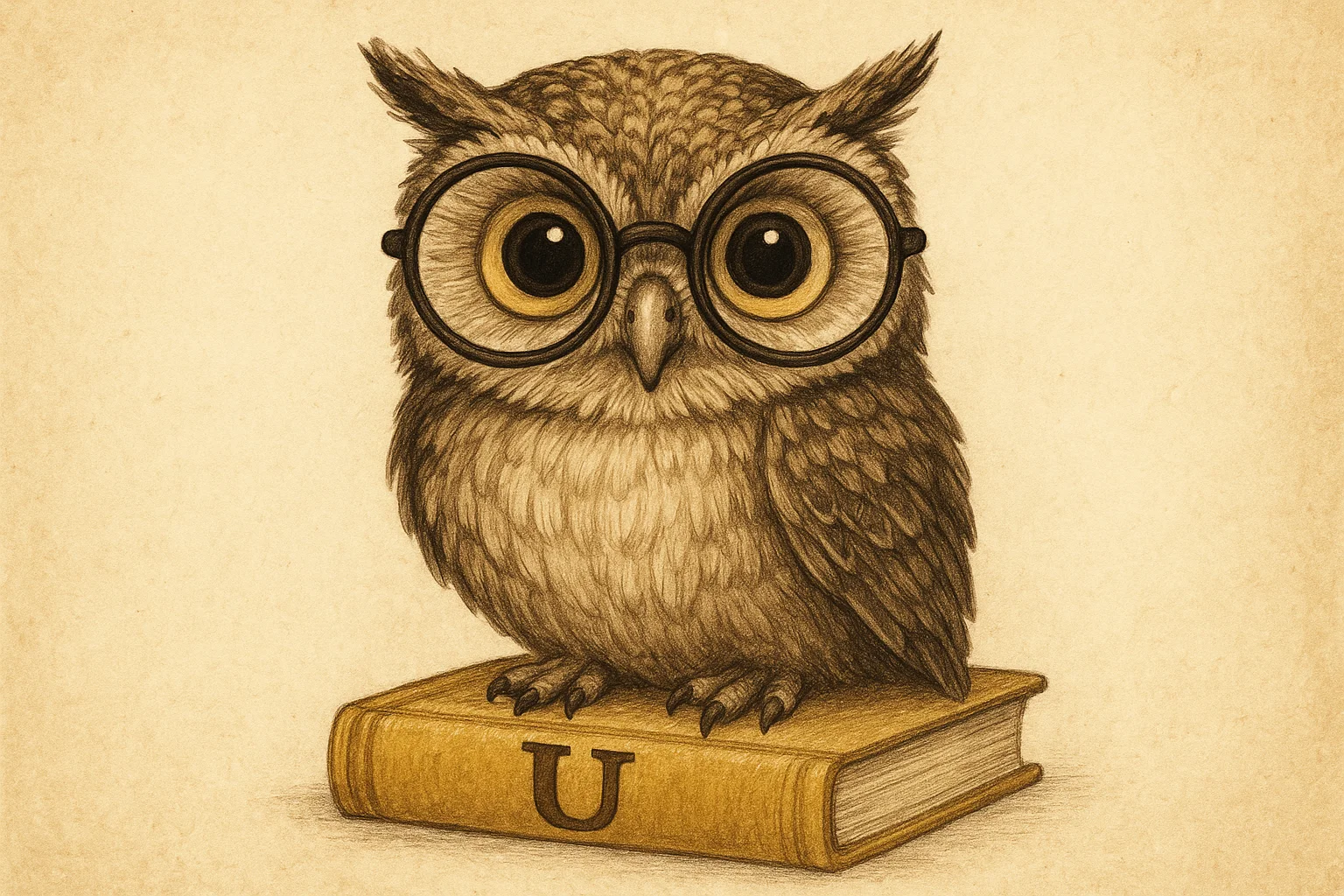 Cartoon Ural owl with big eyes sitting on U book. Cartoon Ural owl with big eyes sitting on U book.