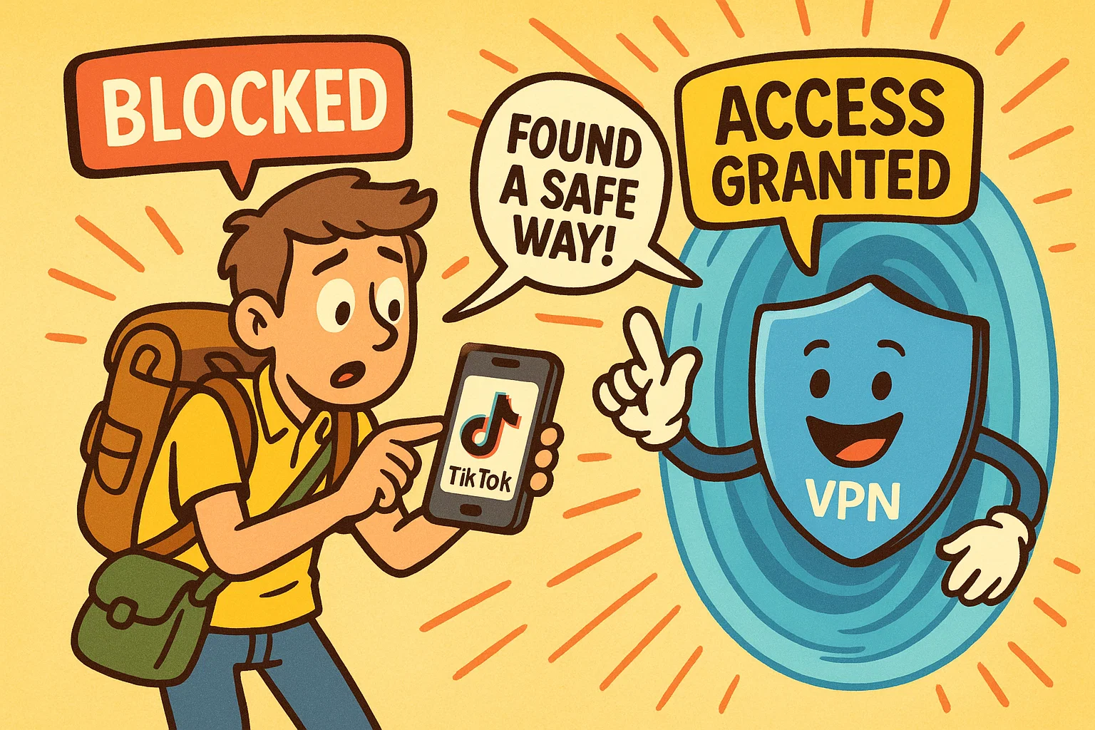 Character uses VPN to watch TikTok safely from restricted country. Character uses VPN to watch TikTok safely from restricted country.