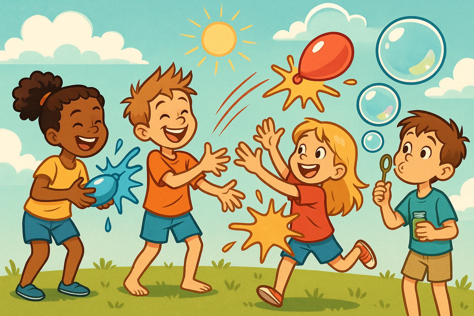 Babysitting summer games with children playing water balloon toss and bubbles.