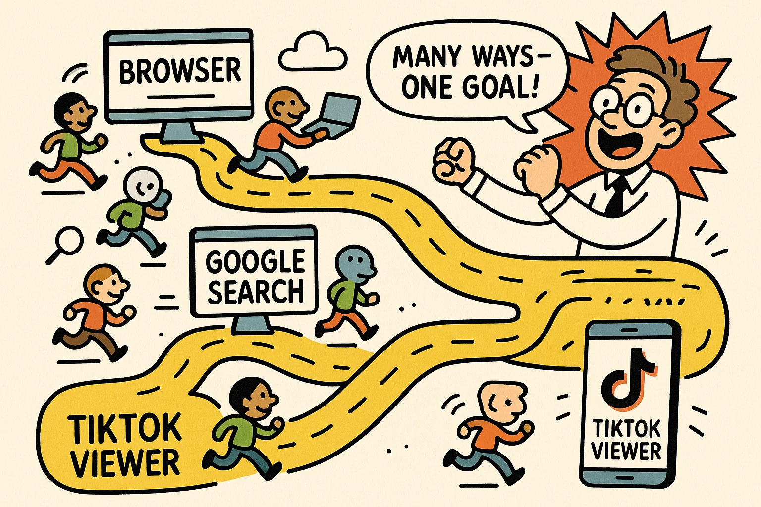 Illustrated guide of methods to watch TikTok without app using browser or tools. Illustrated guide of methods to watch TikTok without app using browser or tools.