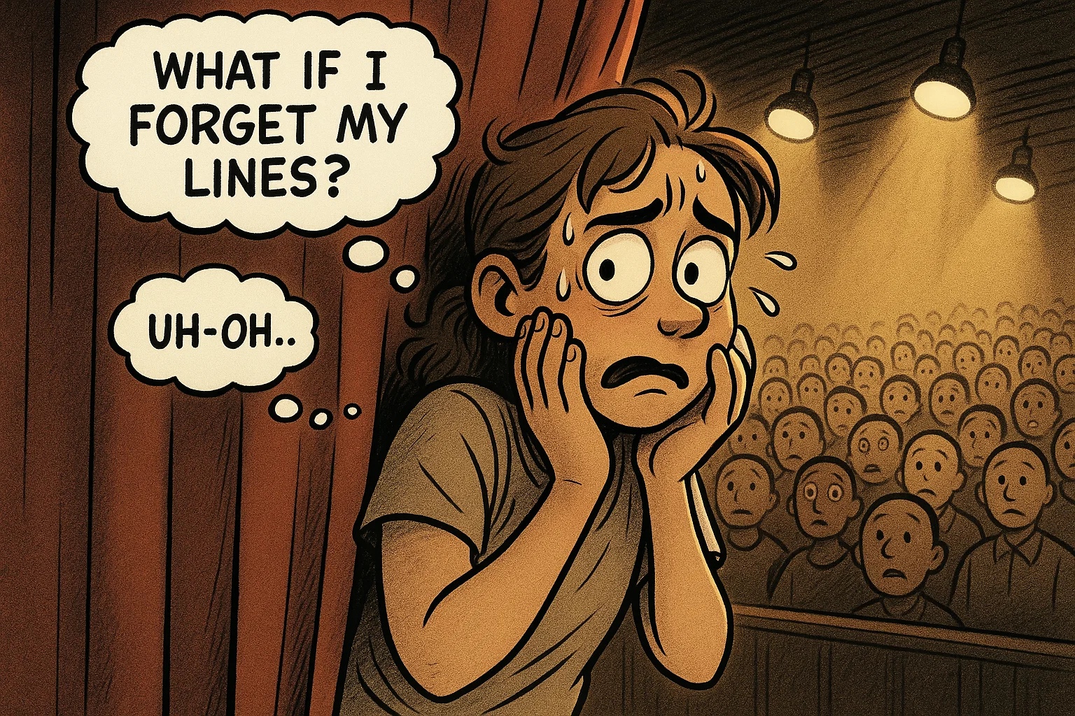 Cartoon explaining what is stage fear with anxious performer behind curtain. Cartoon explaining what is stage fear with anxious performer behind curtain.