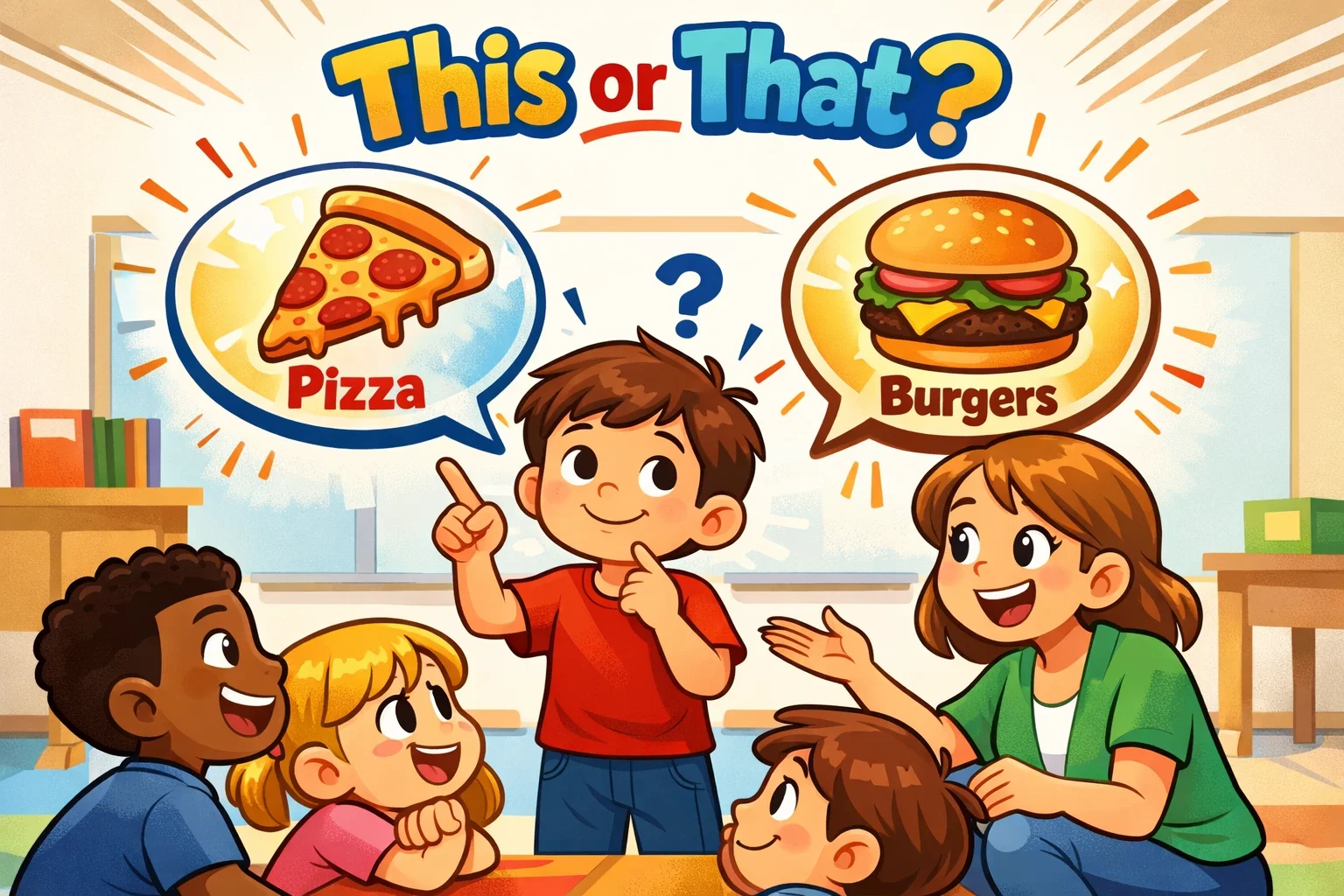 What is this or that for kids scene with child choosing between two simple options.
