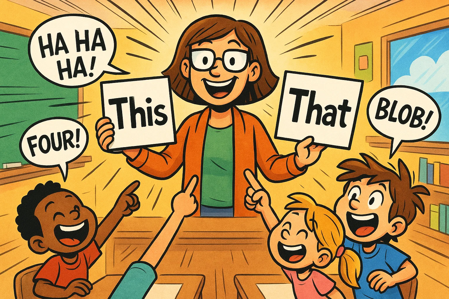 Cartoon teacher explaining this or that game for kids with playful cards. Cartoon teacher explaining this or that game for kids with playful cards.