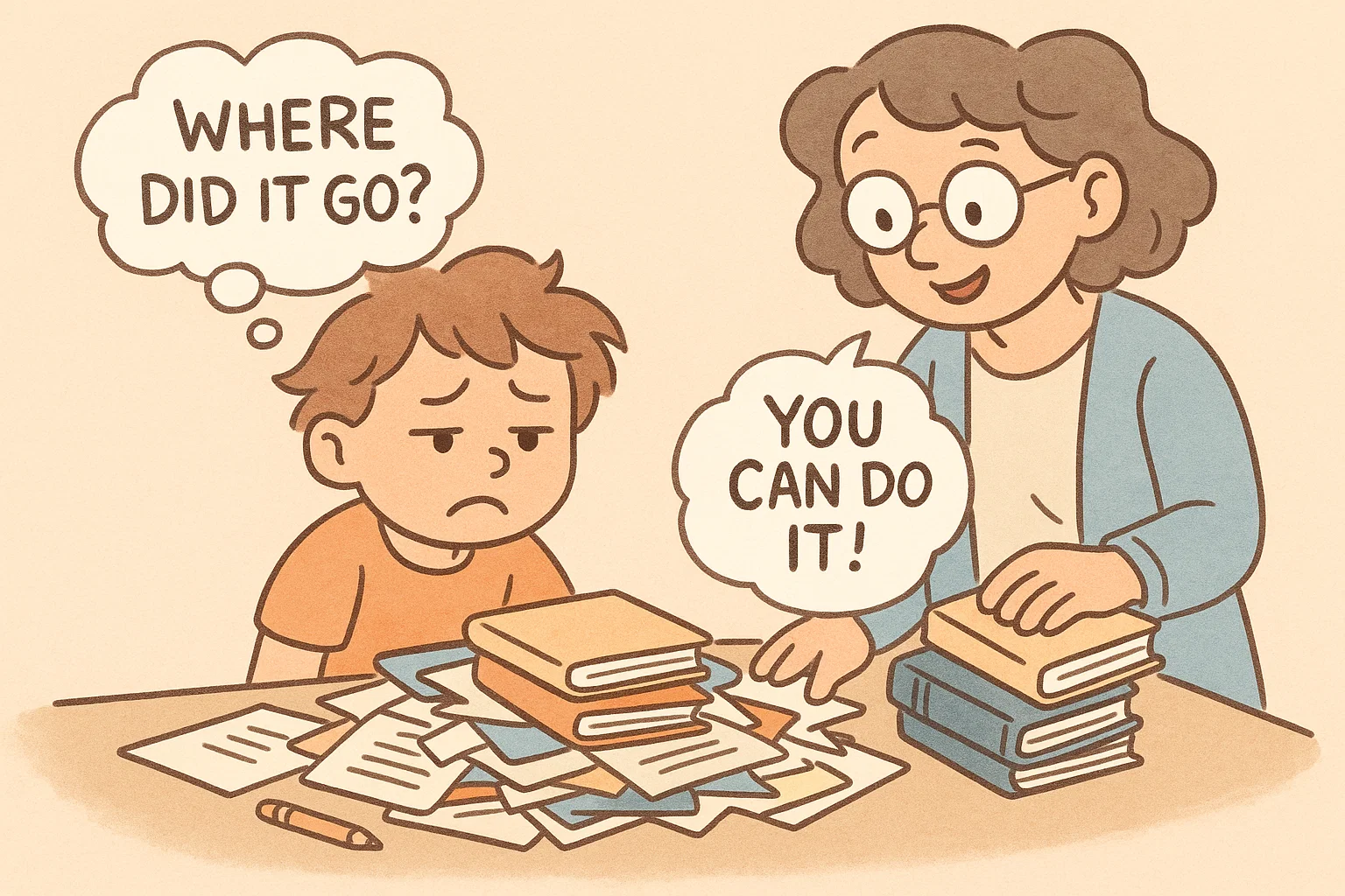 Parent helps child who struggles to memorize lessons in a warm supportive cartoon scene. Parent helps child who struggles to memorize lessons in a warm supportive cartoon scene.