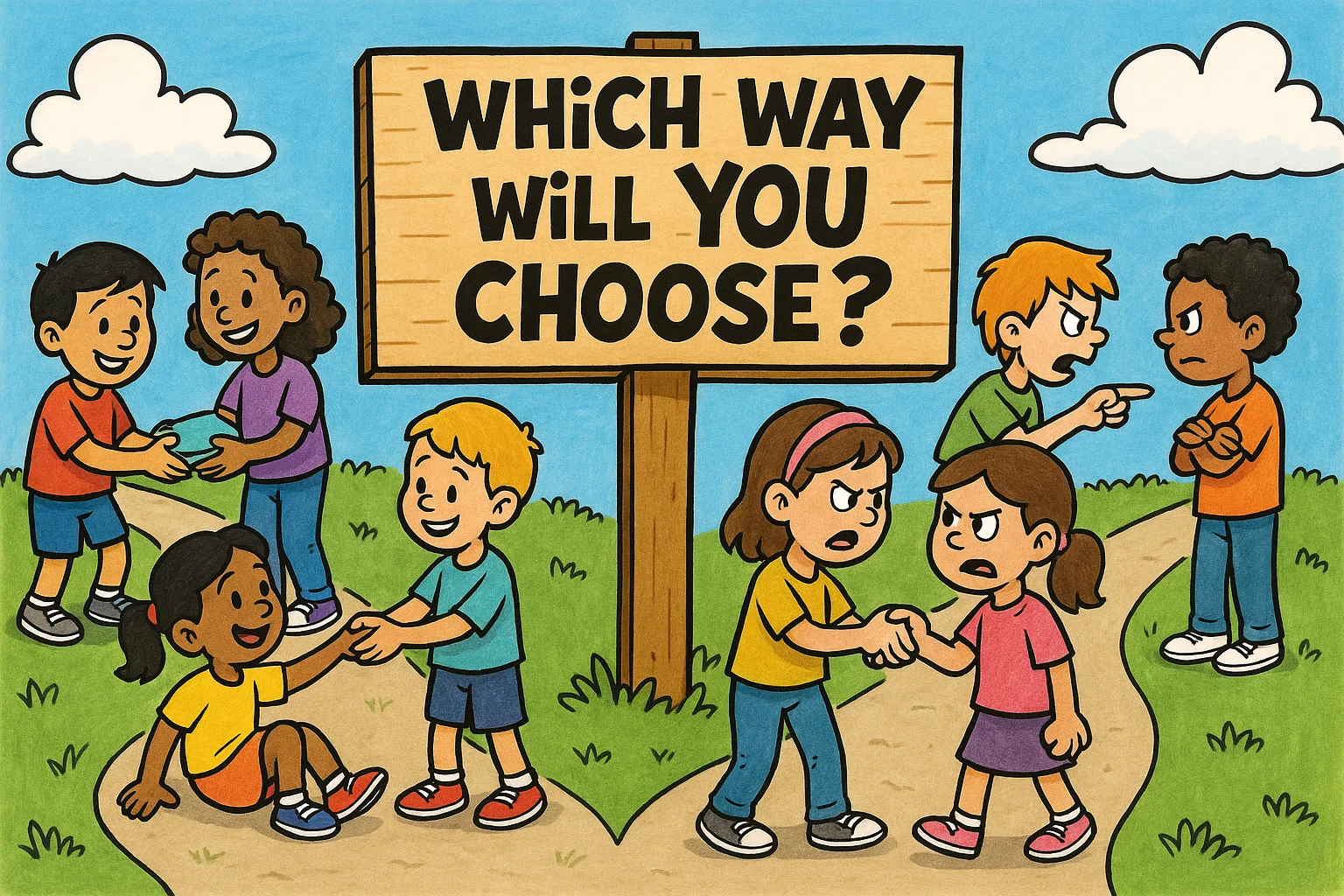 Cartoon showing kids choosing between good and bad character traits. Cartoon showing kids choosing between good and bad character traits.