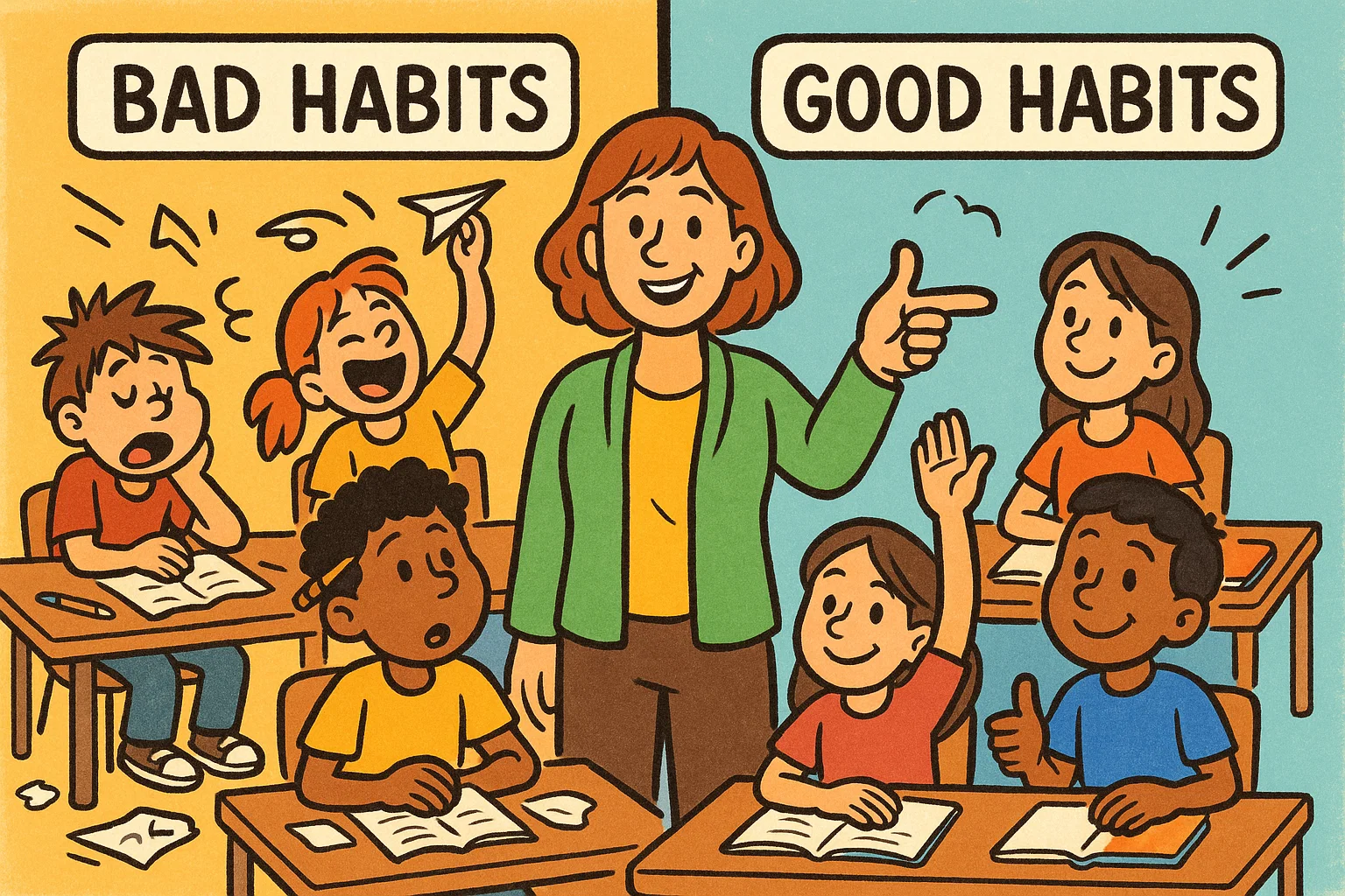 Cartoon showing why good habits matter for students with classroom behavior contrast. Cartoon showing why good habits matter for students with classroom behavior contrast.