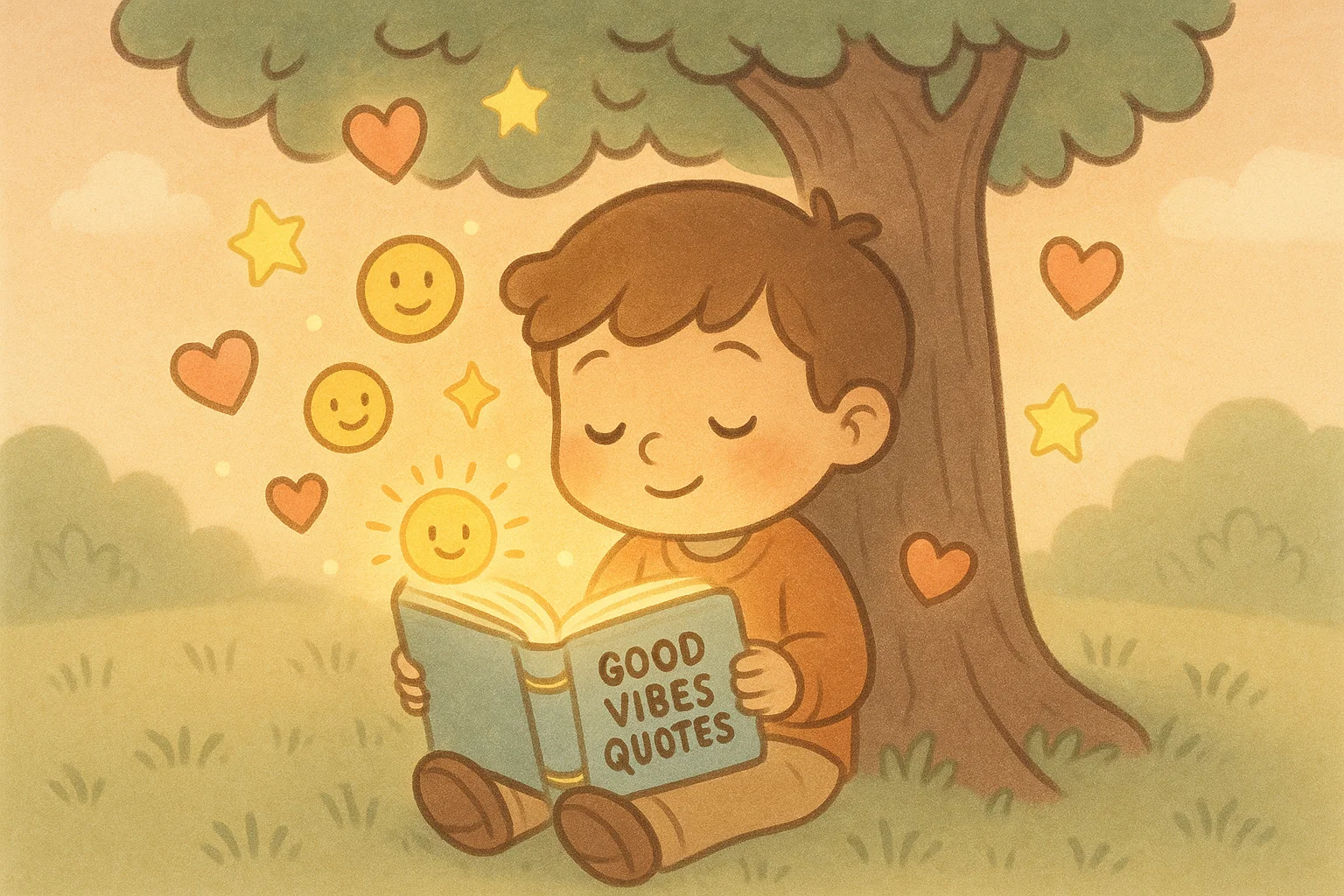 Child reading good vibes quotes for kids under tree with stars and hearts. Child reading good vibes quotes for kids under tree with stars and hearts.