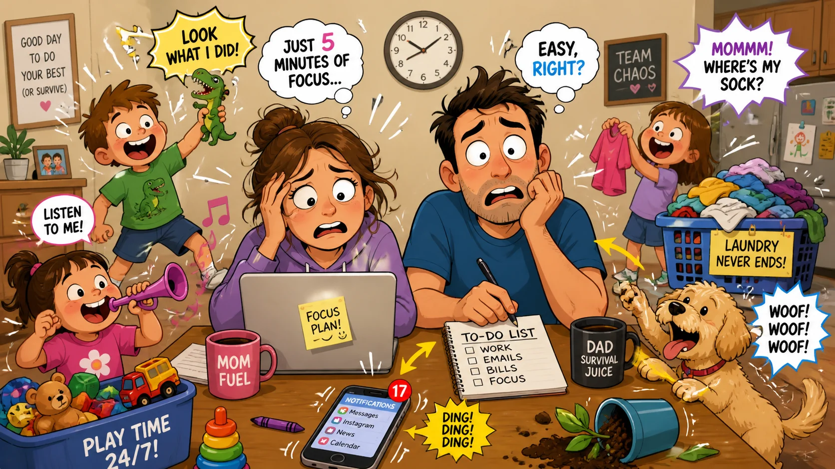 Why parents keep getting distracted at home with kids, phones, toys, and chores. 