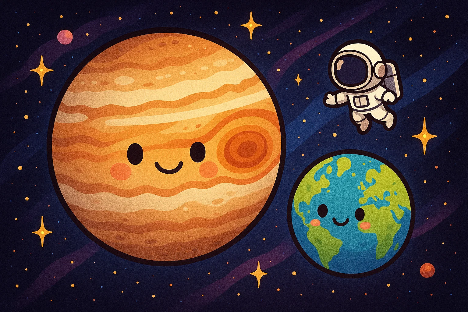 A cute cartoon of a giant Jupiter and a small Earth, with an astronaut floating in space showing their relative sizes.