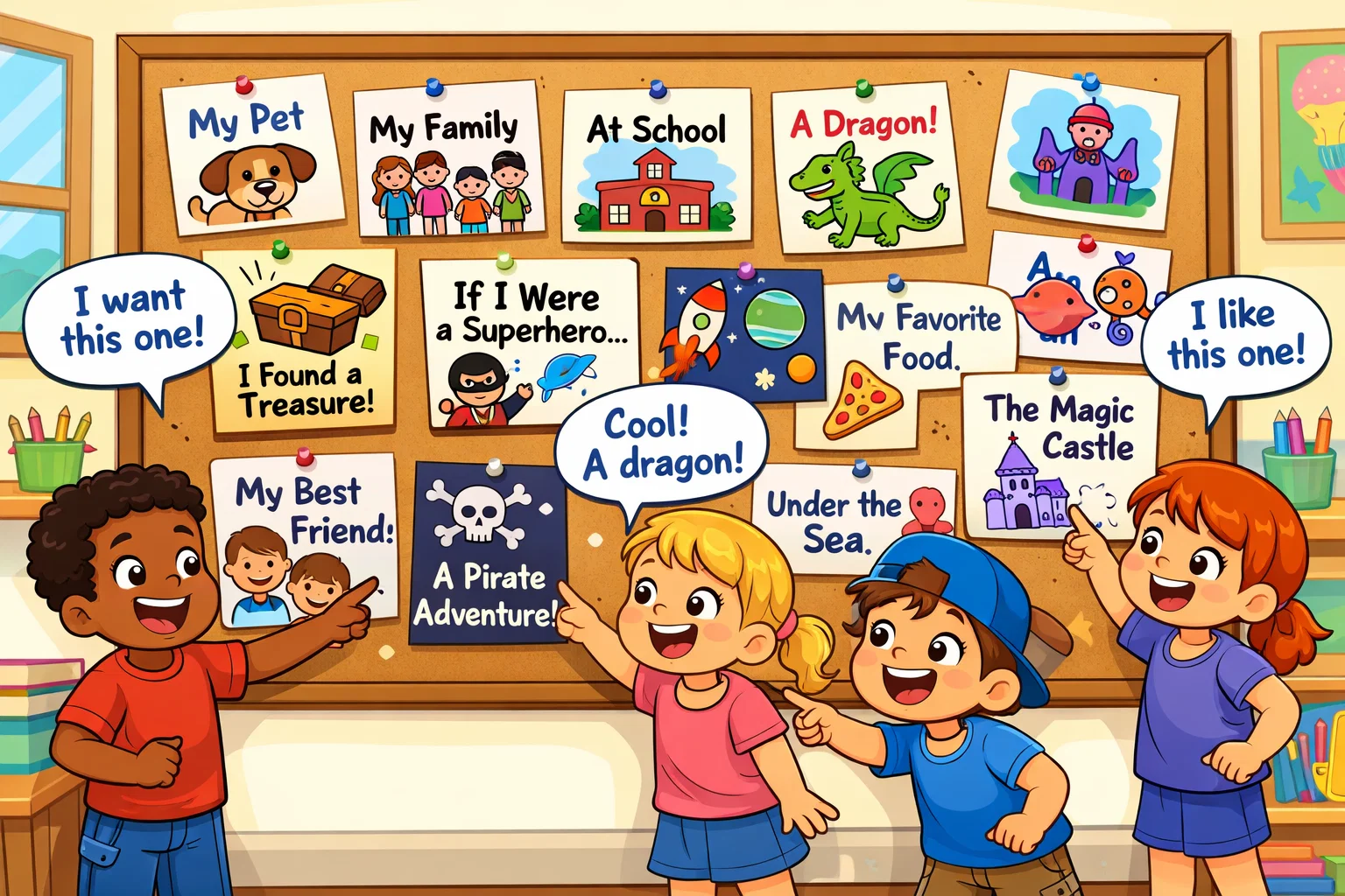  Kindergarten students selecting fun and engaging writing prompts from a large board.
