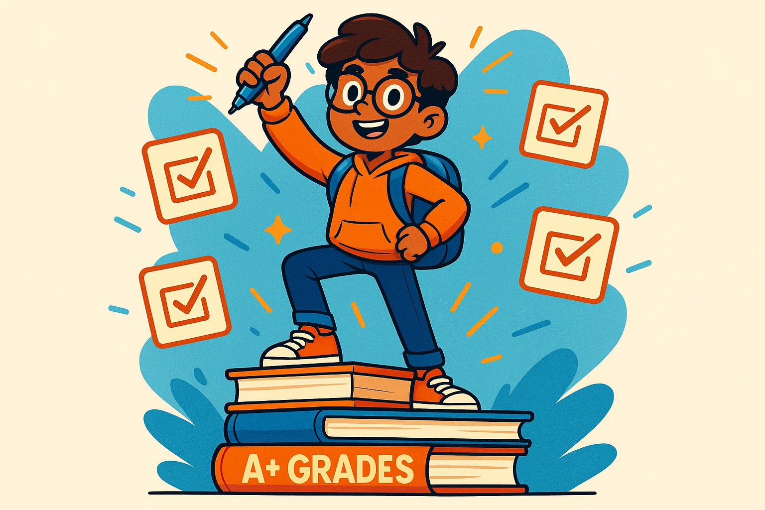 Cartoon of a happy student standing on textbooks, holding a pen, representing academic excellence.
