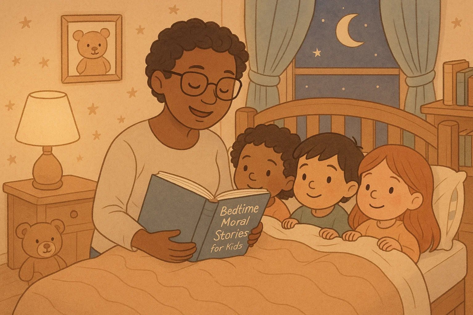 A gentle cartoon illustration of a parent reading engaging bedtime moral stories to happy children in a cozy bedroom setting.