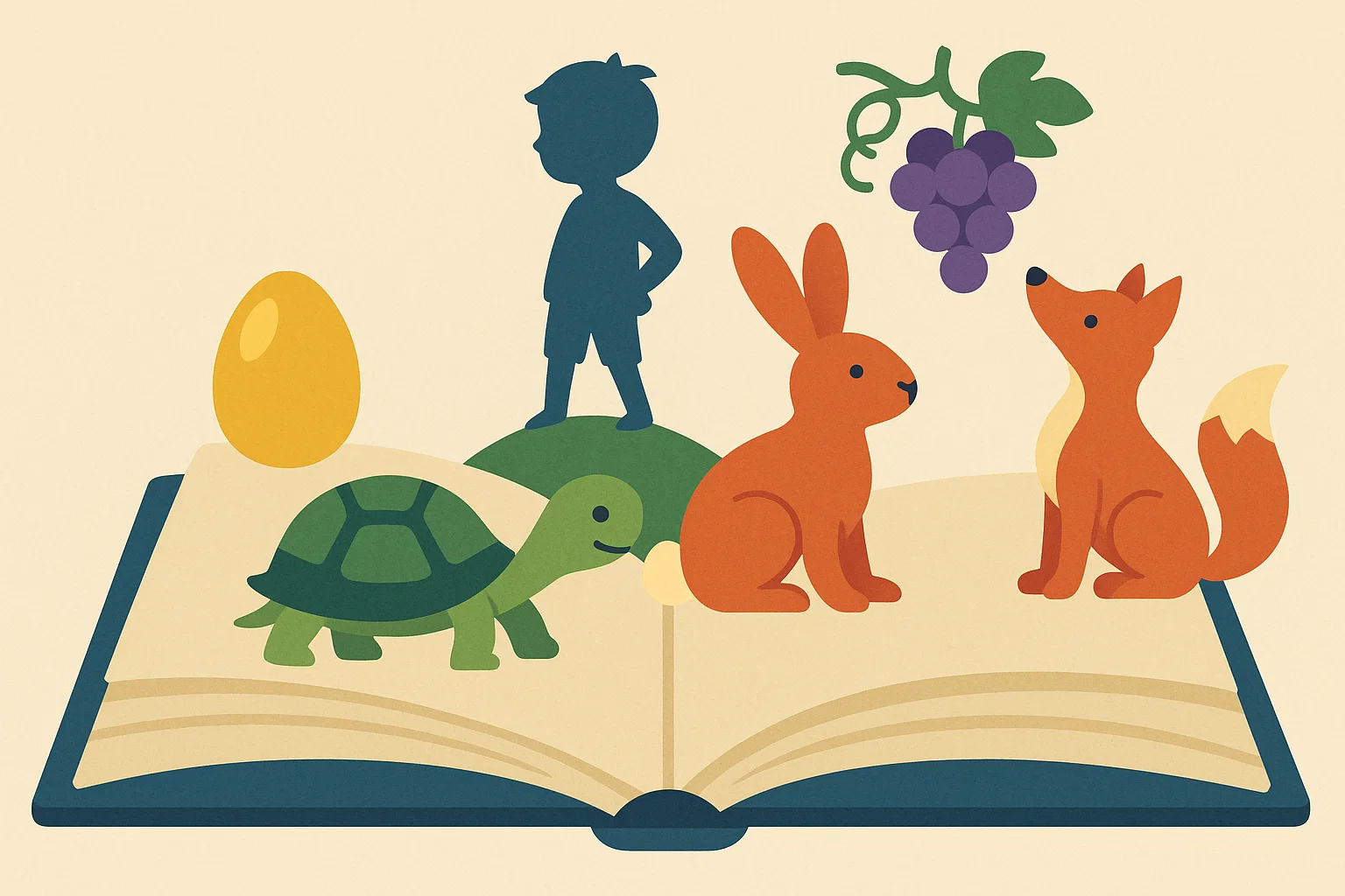 A cartoon collage showing simple, iconic elements like a golden egg and a tortoise, representing a collection of short moral stories.