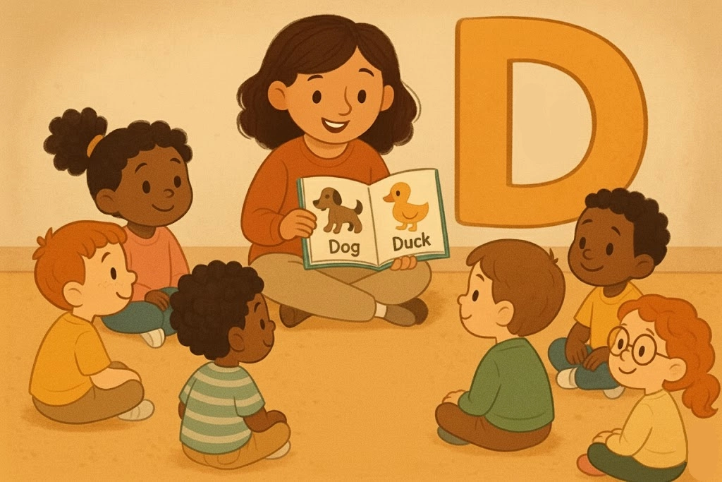 Diverse cartoon preschoolers listening to a teacher read a letter D book in a circle, showing engagement.
