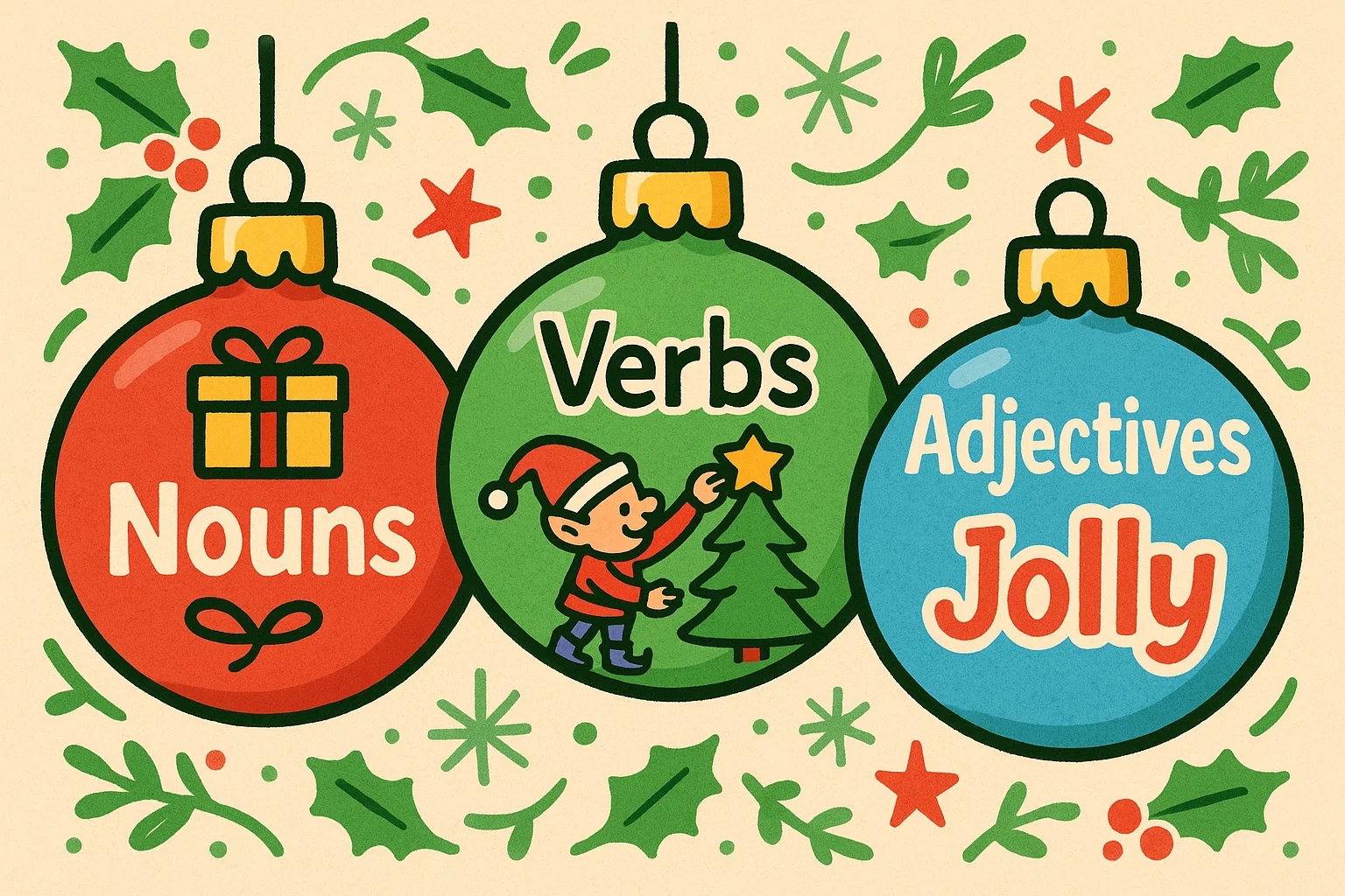 A cartoon graphic illustrating Christmas words categorized into Nouns, Verbs, and Adjectives, represented by three floating, distinct holiday ornaments.