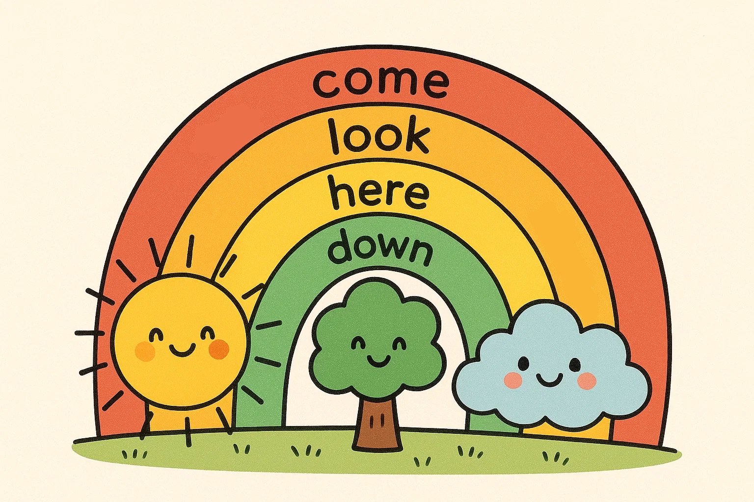 Charming cartoon illustration showing a list of common preschool sight words written along a colorful rainbow.
