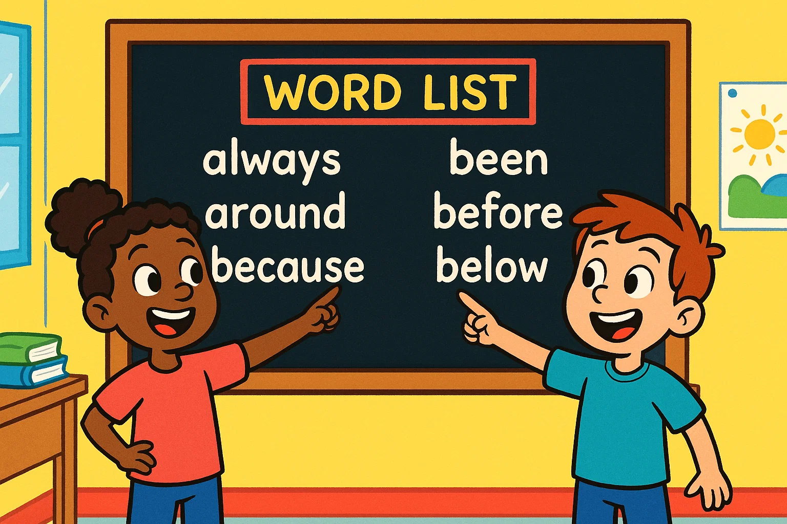 Cartoon of a complete sight word list for 2nd grade on a blackboard with two excited children pointing at the words.
