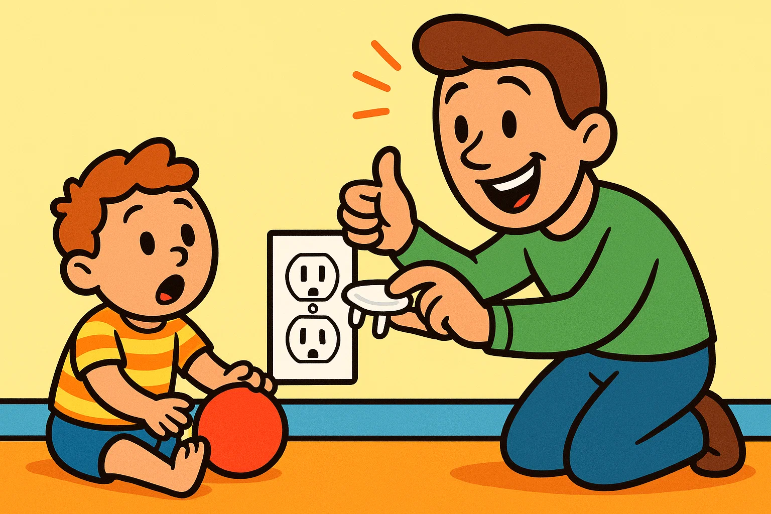 Simple cartoon demonstrating electrical safety rules by showing a cover being placed on a wall outlet.