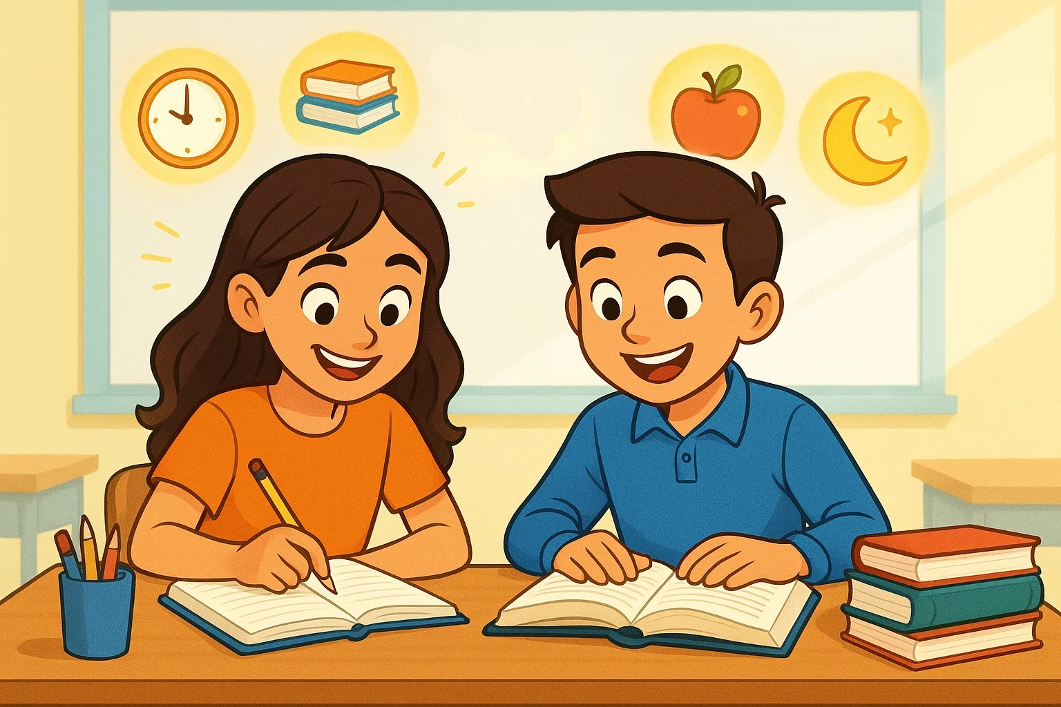 Cheerful cartoon of two focused middle-school students at a clean desk, reading and writing, surrounded by icons of good habits.