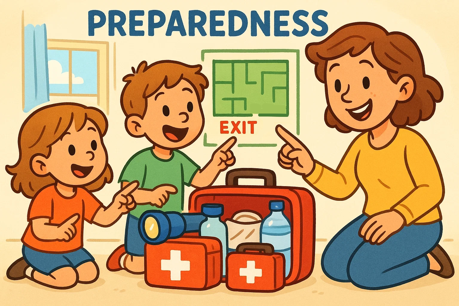 Cartoon showing a family reviewing their home safety preparedness plan and emergency checklist with encouraging expressions.