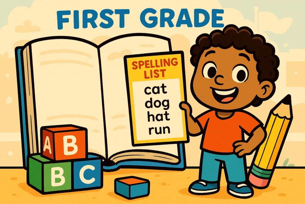 Playful cartoon of a first-grade child holding a spelling words list next to a large book, emphasizing learning and practice.