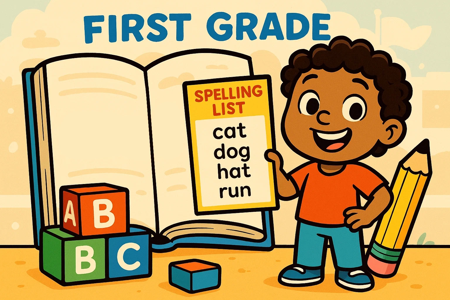 Playful cartoon of a first-grade child holding a spelling words list next to a large book, emphasizing learning and practice.