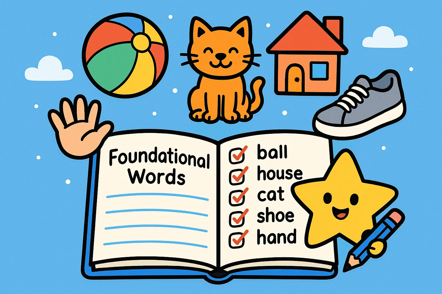 Cartoon showing foundational spelling words list with simple objects and a notebook in a cheerful, educational style.
