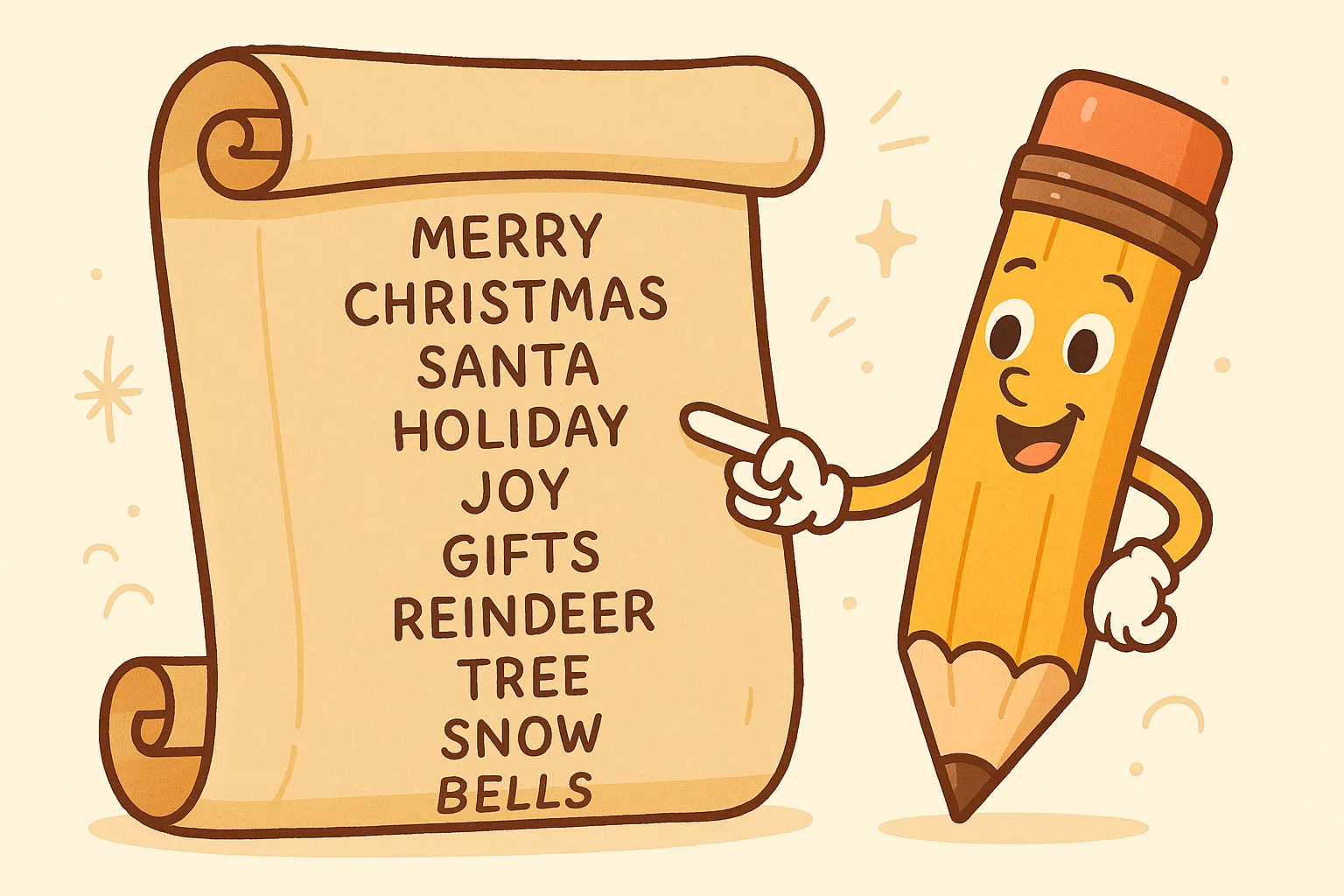 A cartoon illustration of a massive scroll filled with an organized, full list of Christmas words, with a pencil character pointing at the text.