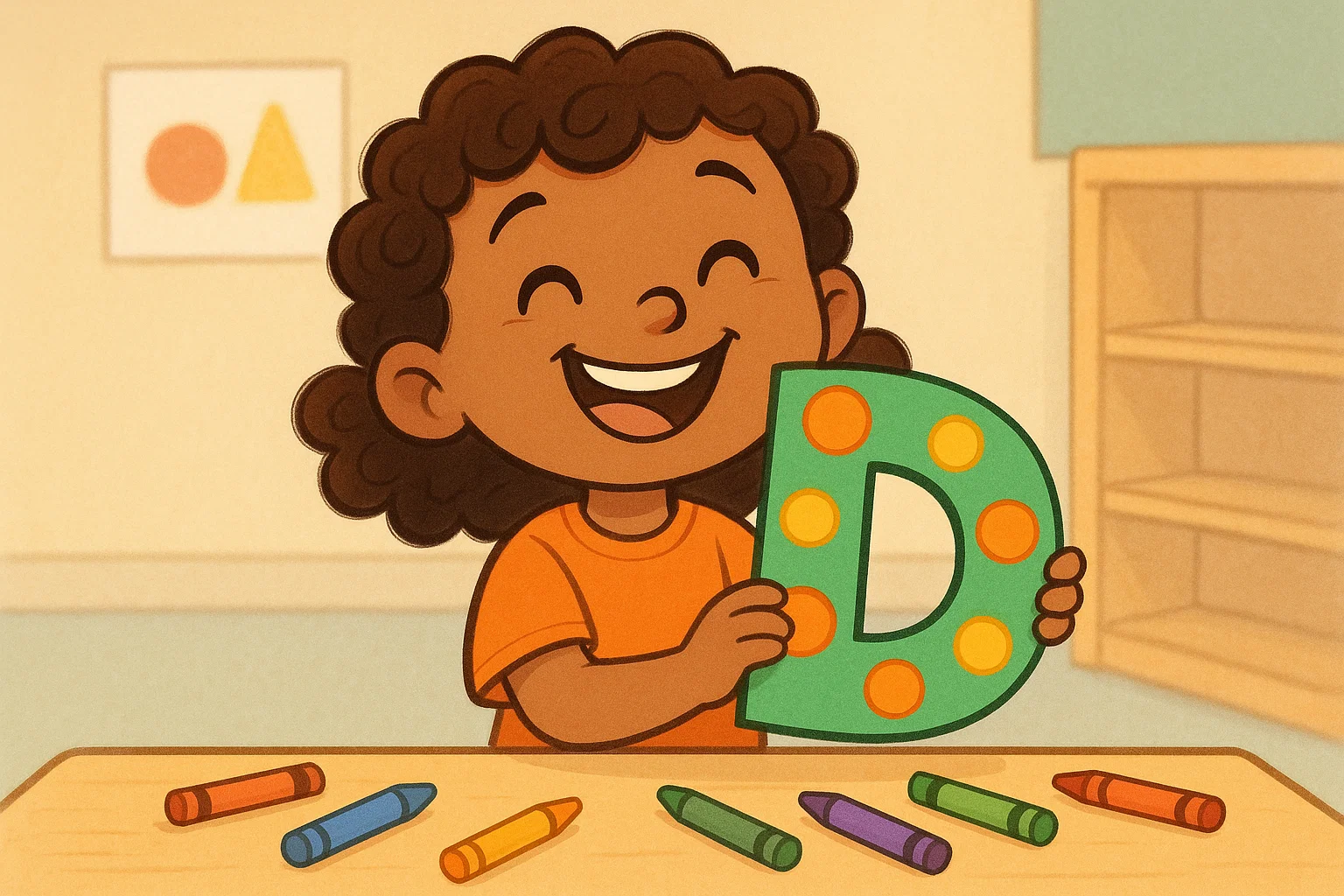Happy child with a colorful letter D craft in a cartoon art room, showing joyful engagement in fun learning.
