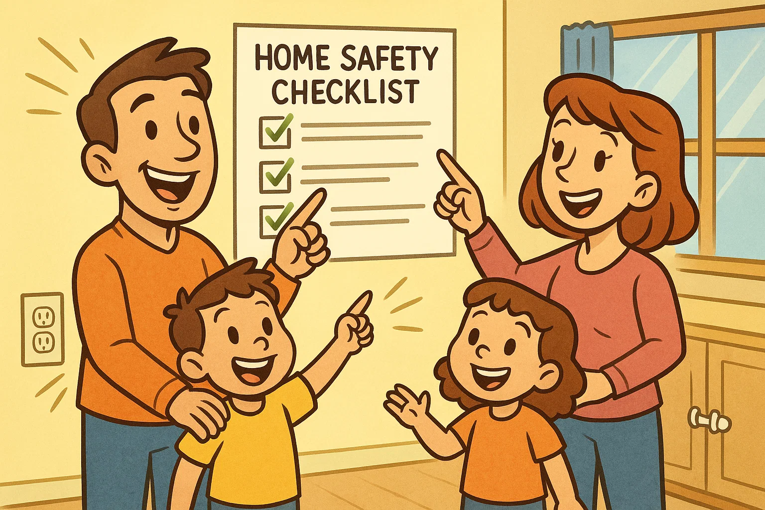 A playful cartoon showing a happy family reviewing a Home Safety Checklist in a brightly lit house, highlighting essential safety tips.