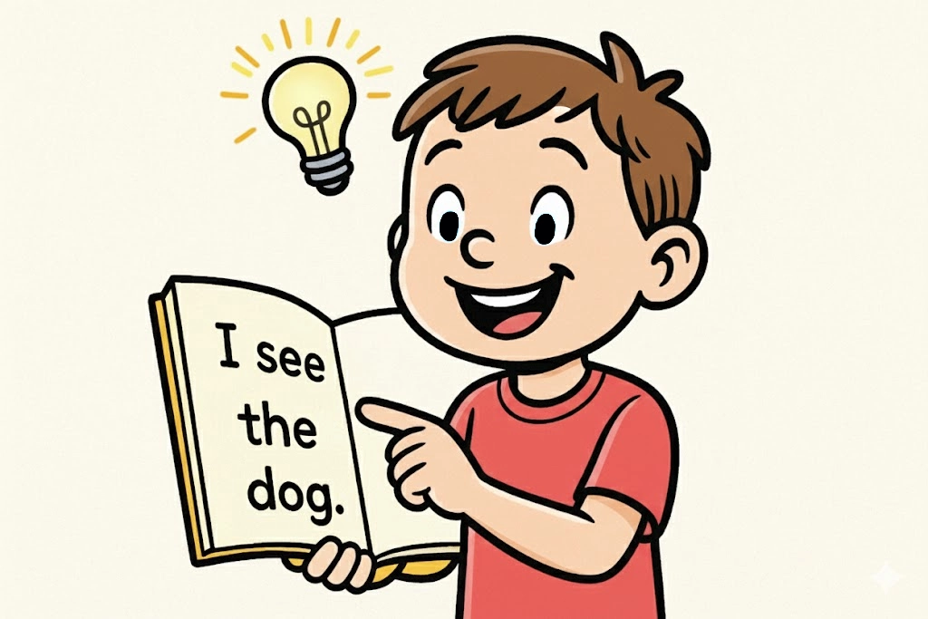 Cartoon showing a 2nd grader gaining reading confidence as a lightbulb turns on, symbolizing the importance of learning sight words.
