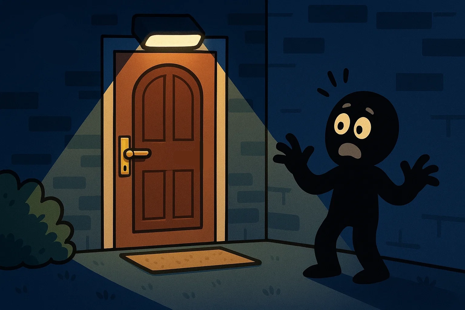 Cartoon of a securely locked door with a bright light on it, symbolizing home safety and security against intruders.