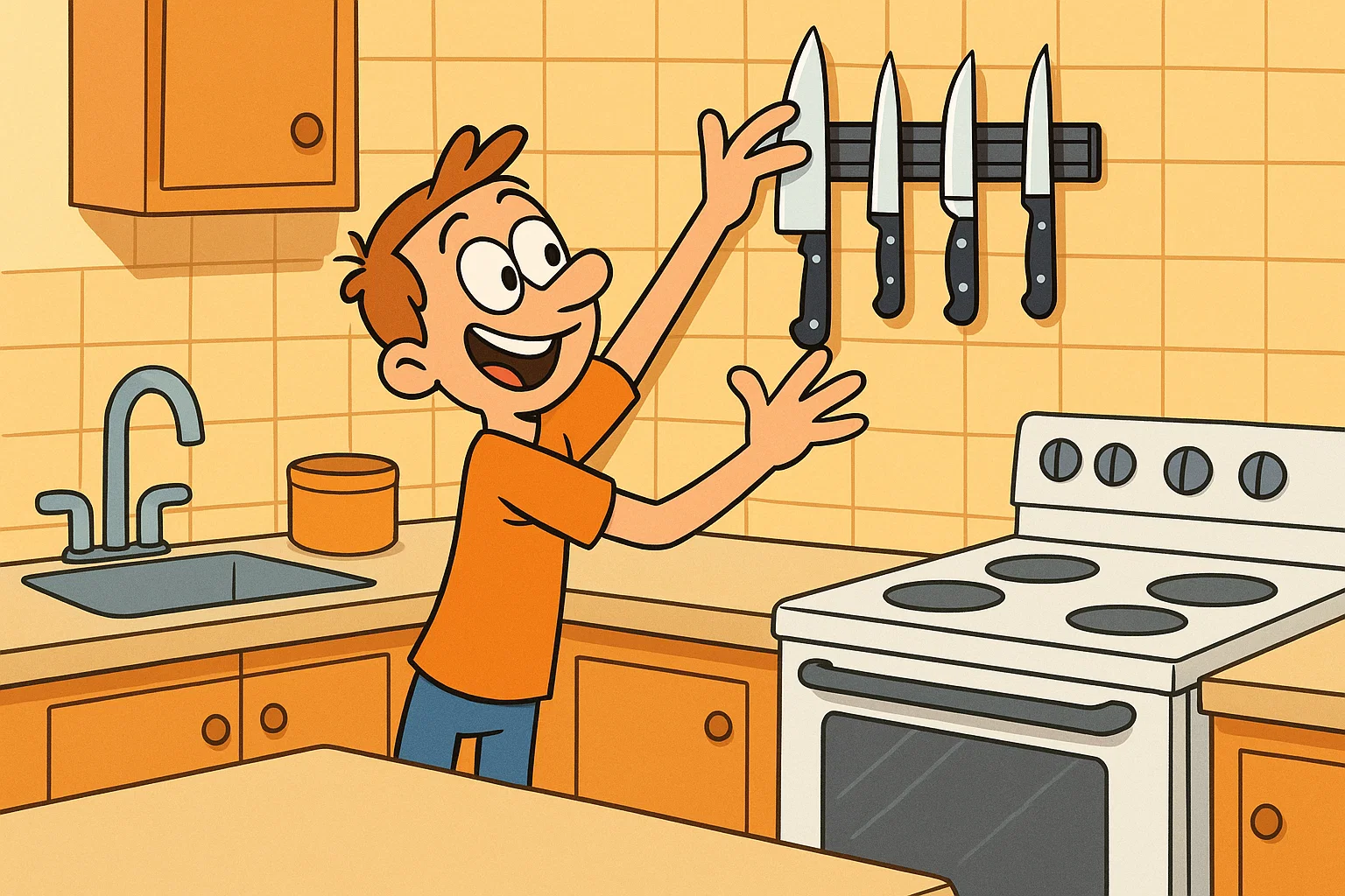 Cartoon illustrating kitchen safety rules by showing sharp objects being safely stored away from the counter.