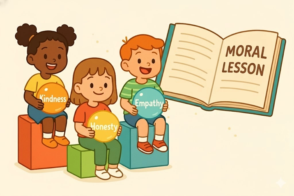 A cartoon showing children gaining positive traits like kindness from moral stories, represented by colorful bubbles.