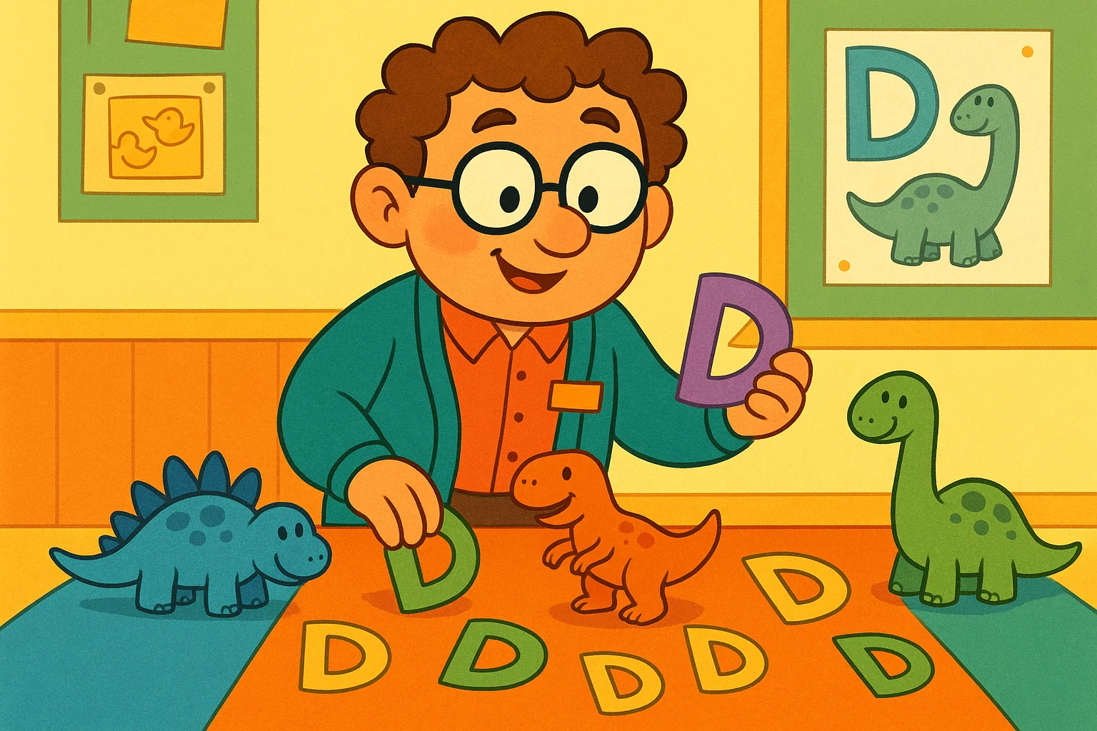 Whimsical cartoon teacher organizing toy dinosaurs and letter D cutouts on a colorful classroom table for a lesson.
