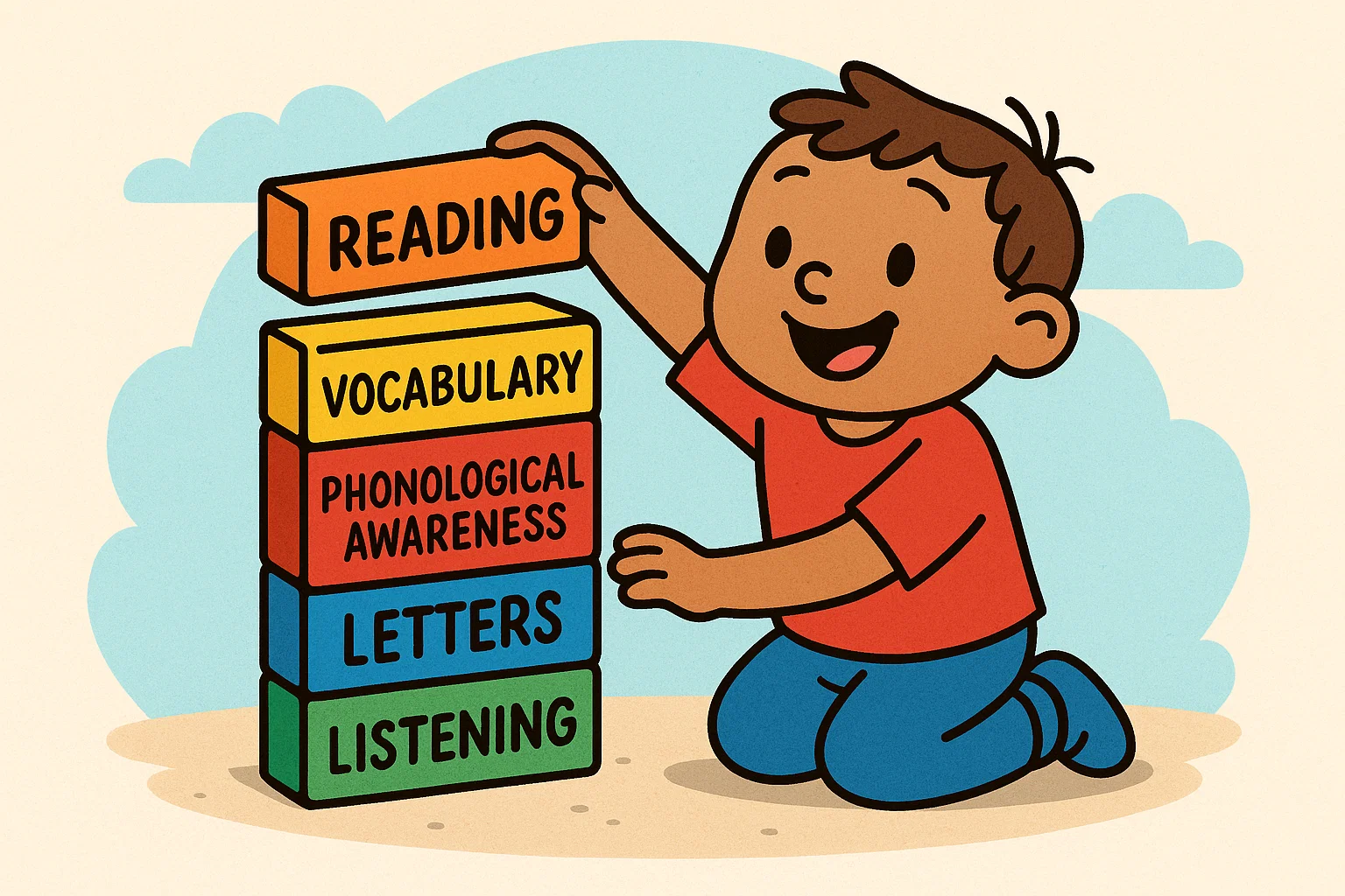 Cartoon of a preschooler building a tower of blocks labeled with pre-reading skills leading up to "Reading."