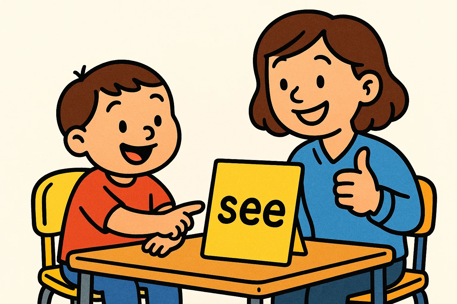 Simple cartoon of preschoolers looking curiously at floating sight words, representing instant recognition.