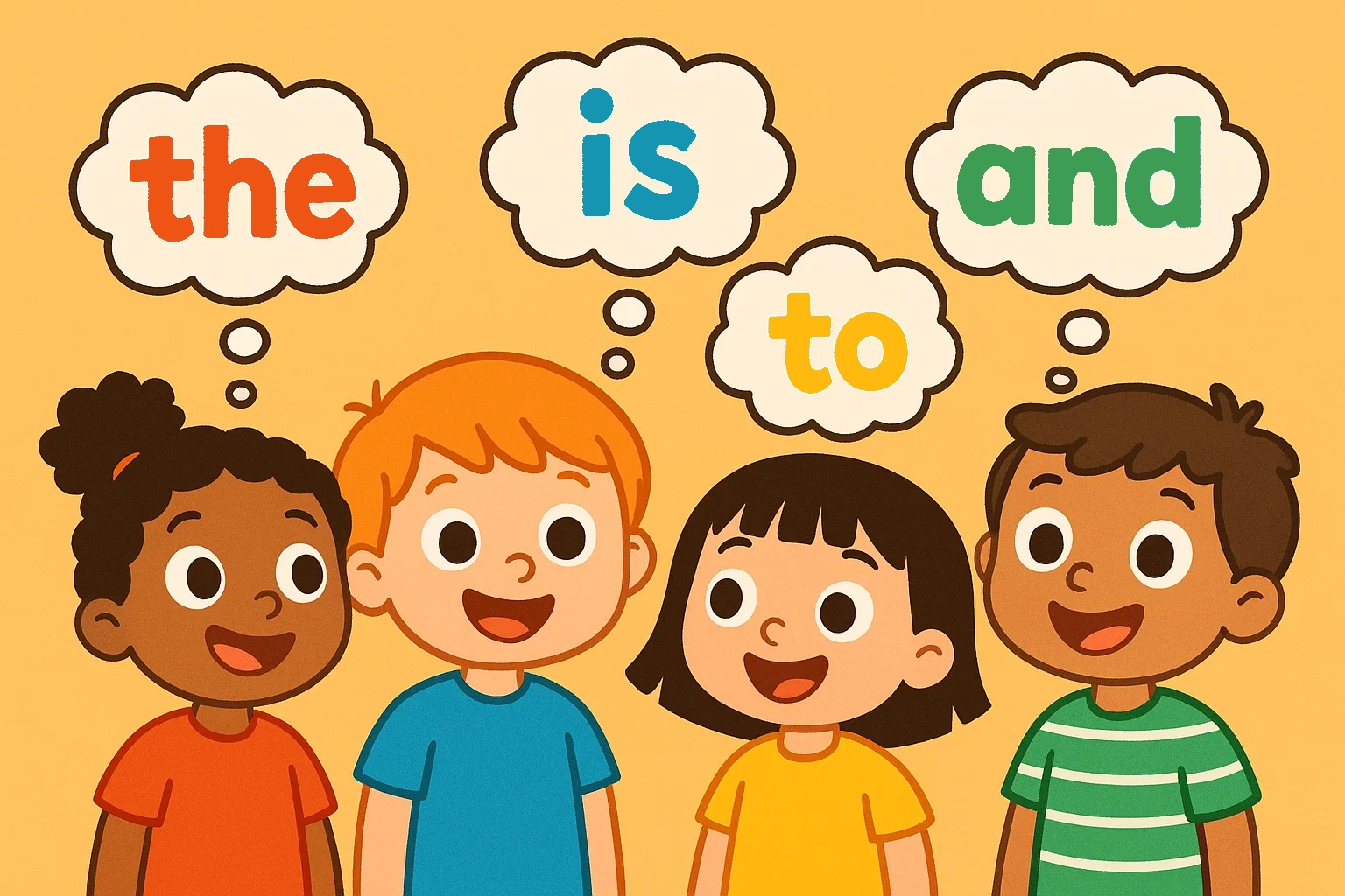 Playful cartoon illustration of a preschooler happily learning a sight word from a flashcard with a supportive teacher nearby.