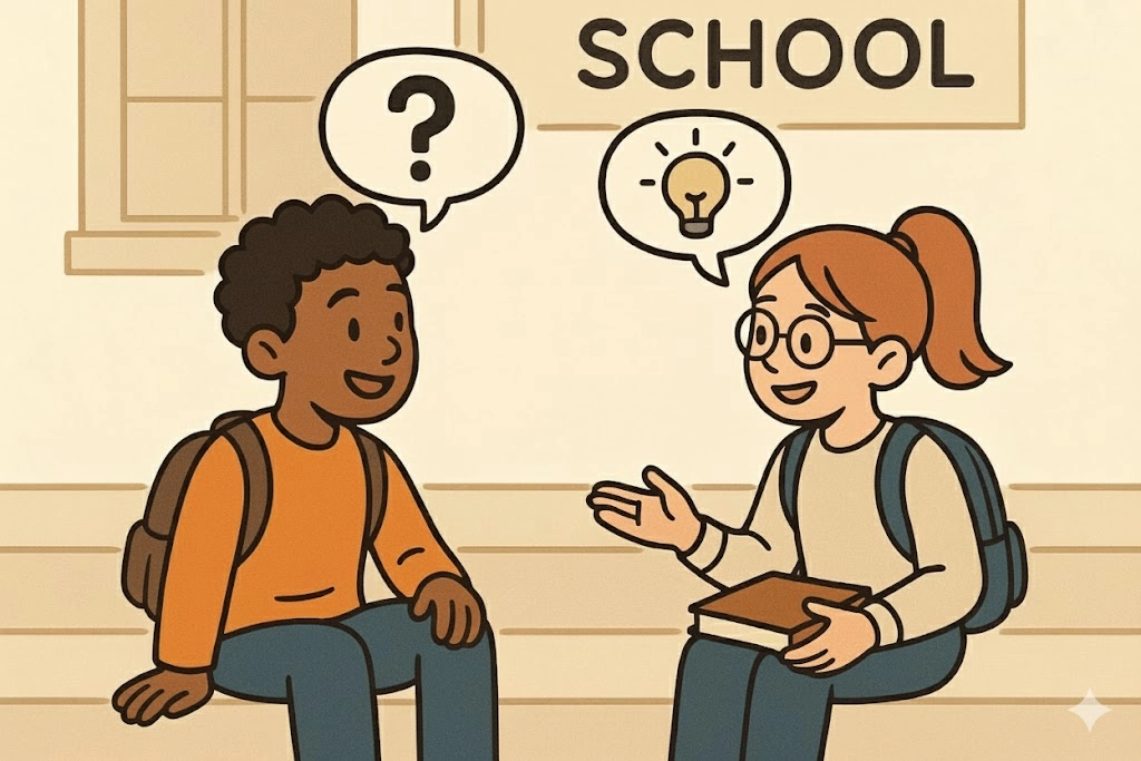 Simple cartoon of two diverse students having a friendly and positive conversation outside school.