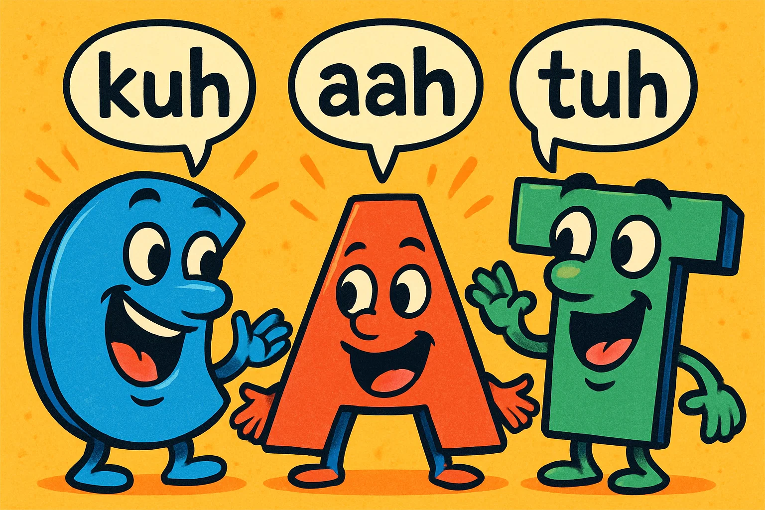 Cartoon illustrating sound and letter rules for 1st grade, showing animated letters representing CVC word structure.