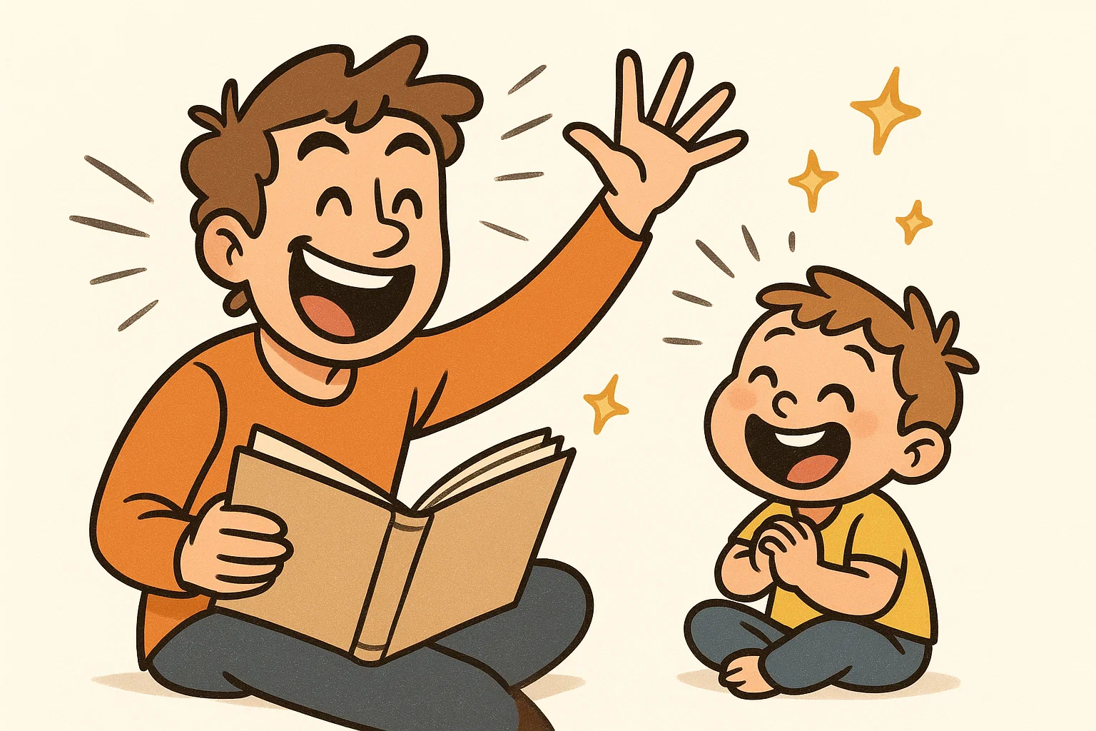 A cartoon of a parent making funny faces while reading, demonstrating tips for making bedtime storytime interesting and fun.