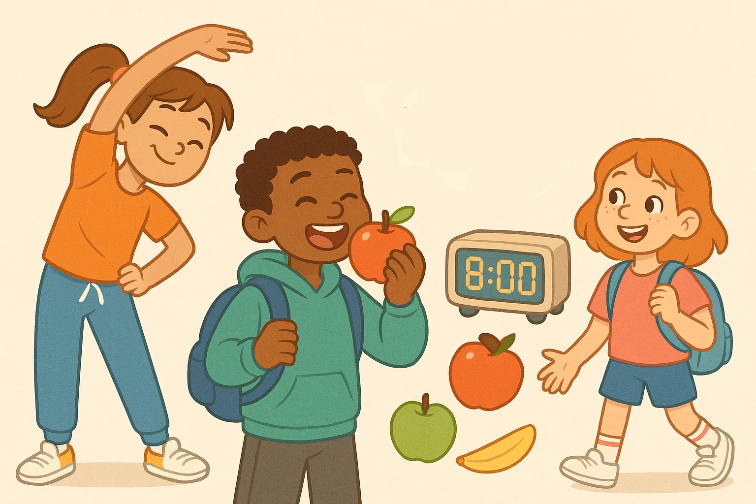 Cartoon showing students performing healthy activities: stretching, eating an apple, and sleeping soundly.