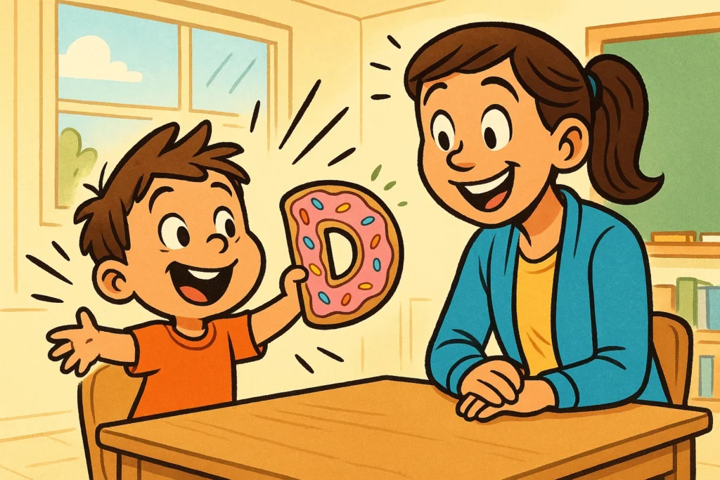 Cartoon of a cheerful preschooler presenting a simple letter D craft to their teacher in a bright classroom, symbolizing fun, easy learning.