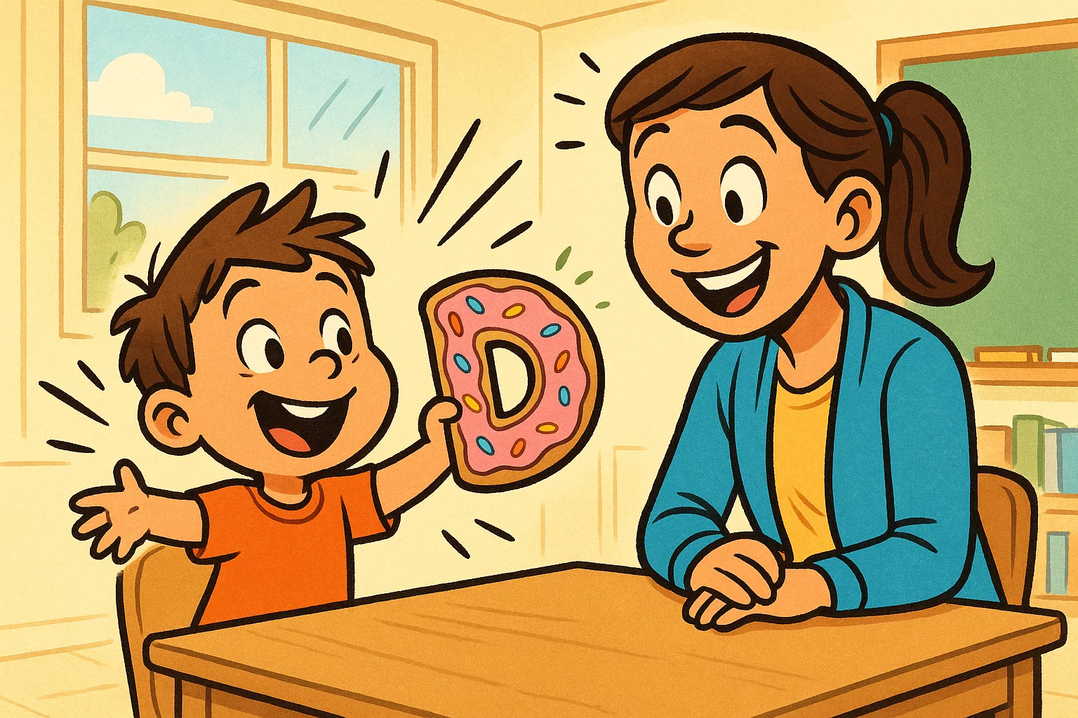 Cartoon of a cheerful preschooler presenting a simple letter D craft to their teacher in a bright classroom, symbolizing fun, easy learning.
