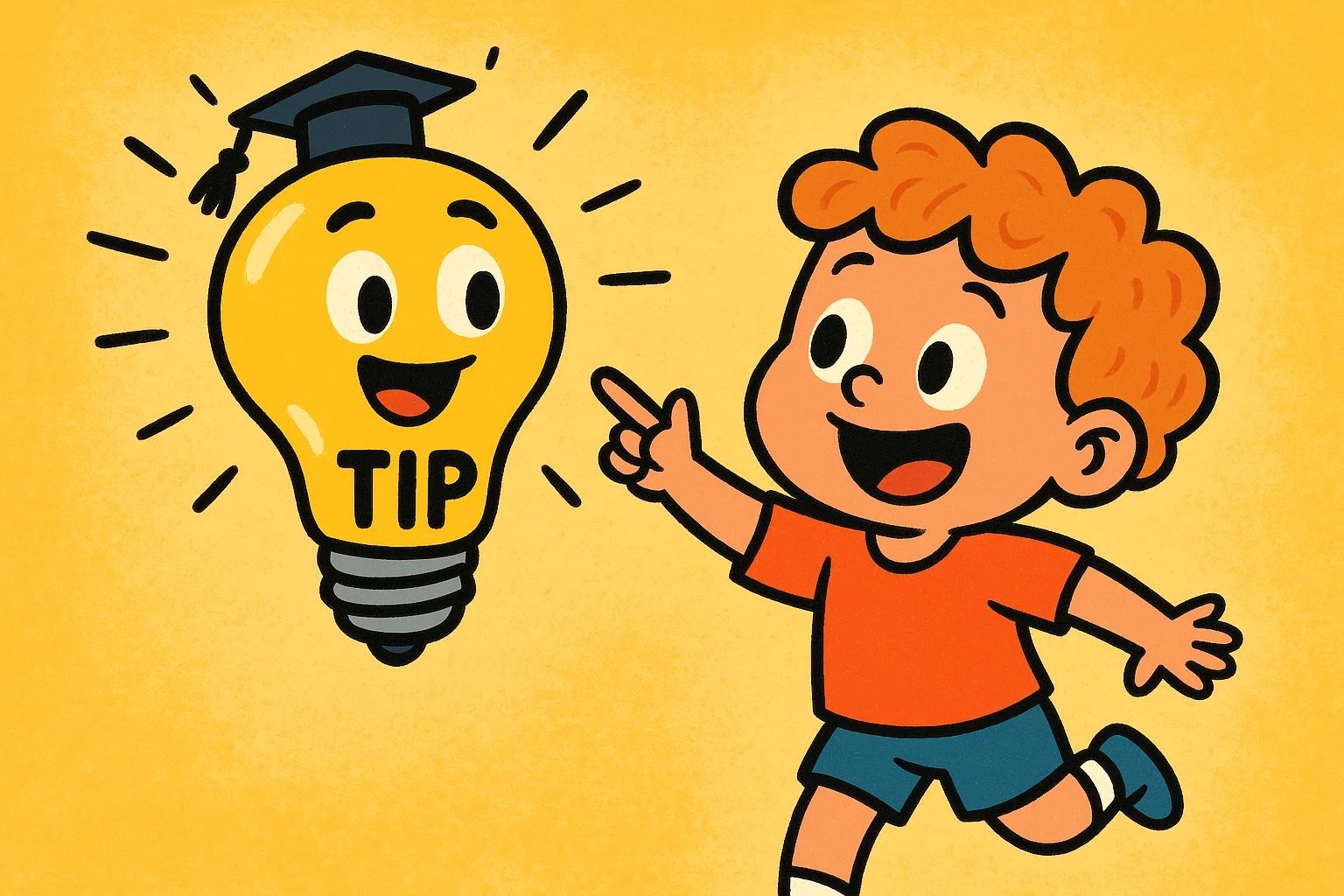 Fun cartoon of a lightbulb labeled "TIP" next to an excited preschooler, symbolizing teaching advice.
